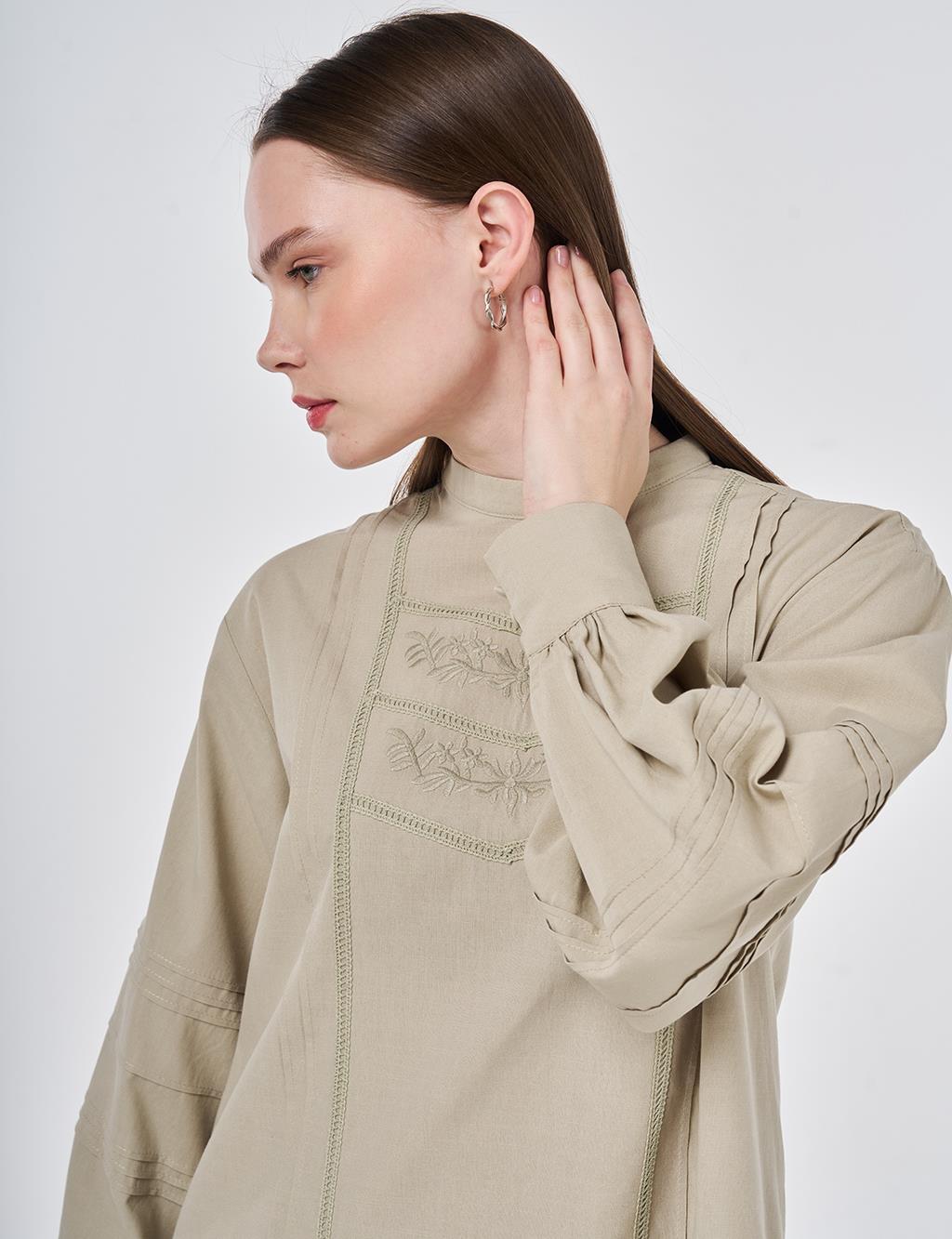 Ribbed Stitch Cotton Linen Blouse Moss Green