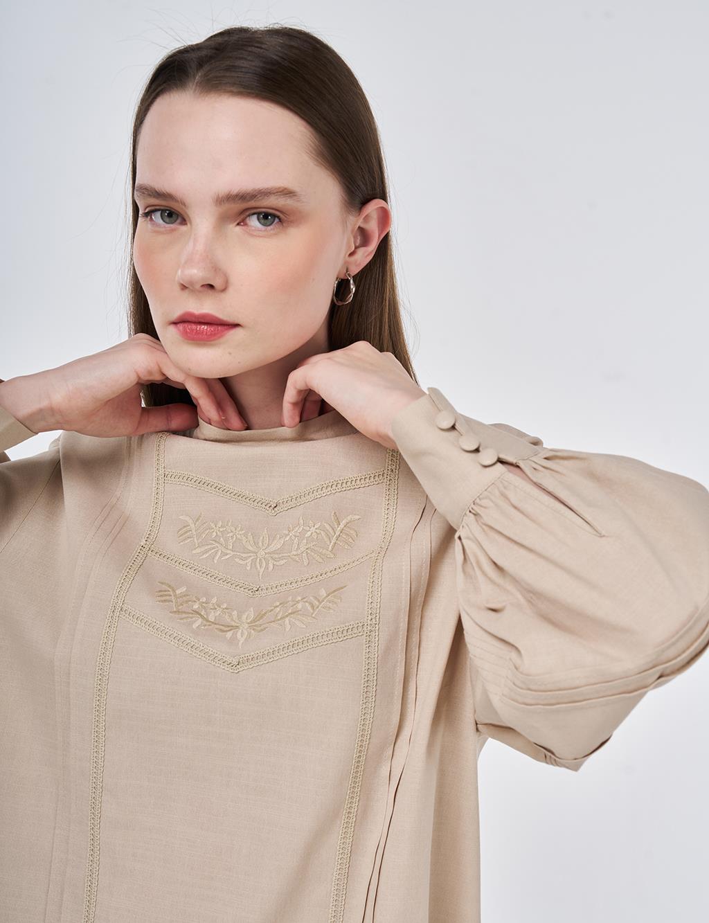 Ribbed Stitch Cotton Linen Blouse Ecru