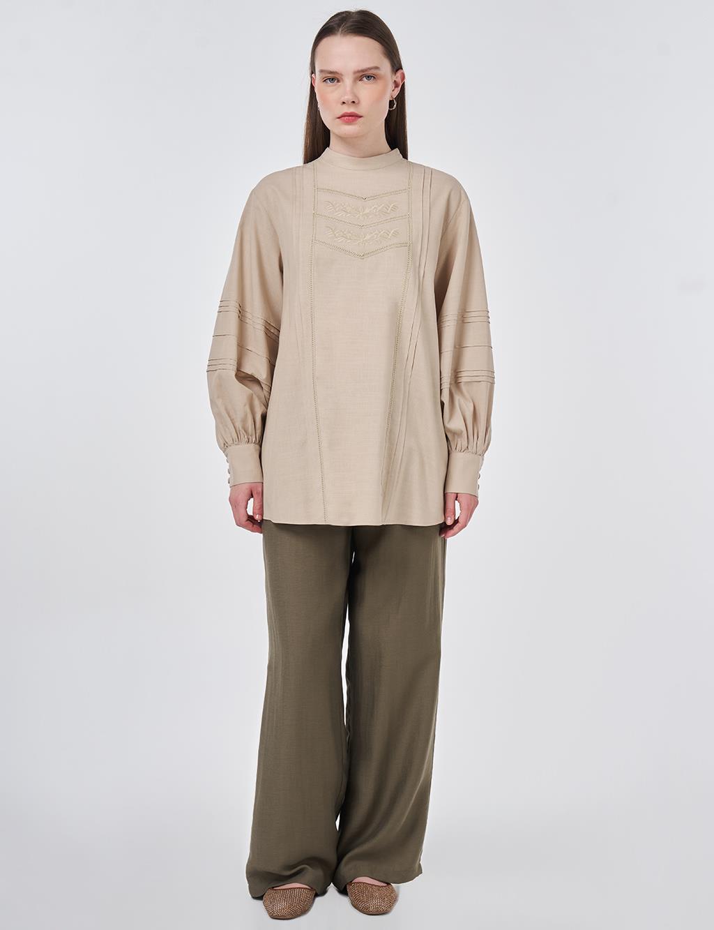 Ribbed Stitch Cotton Linen Blouse Ecru