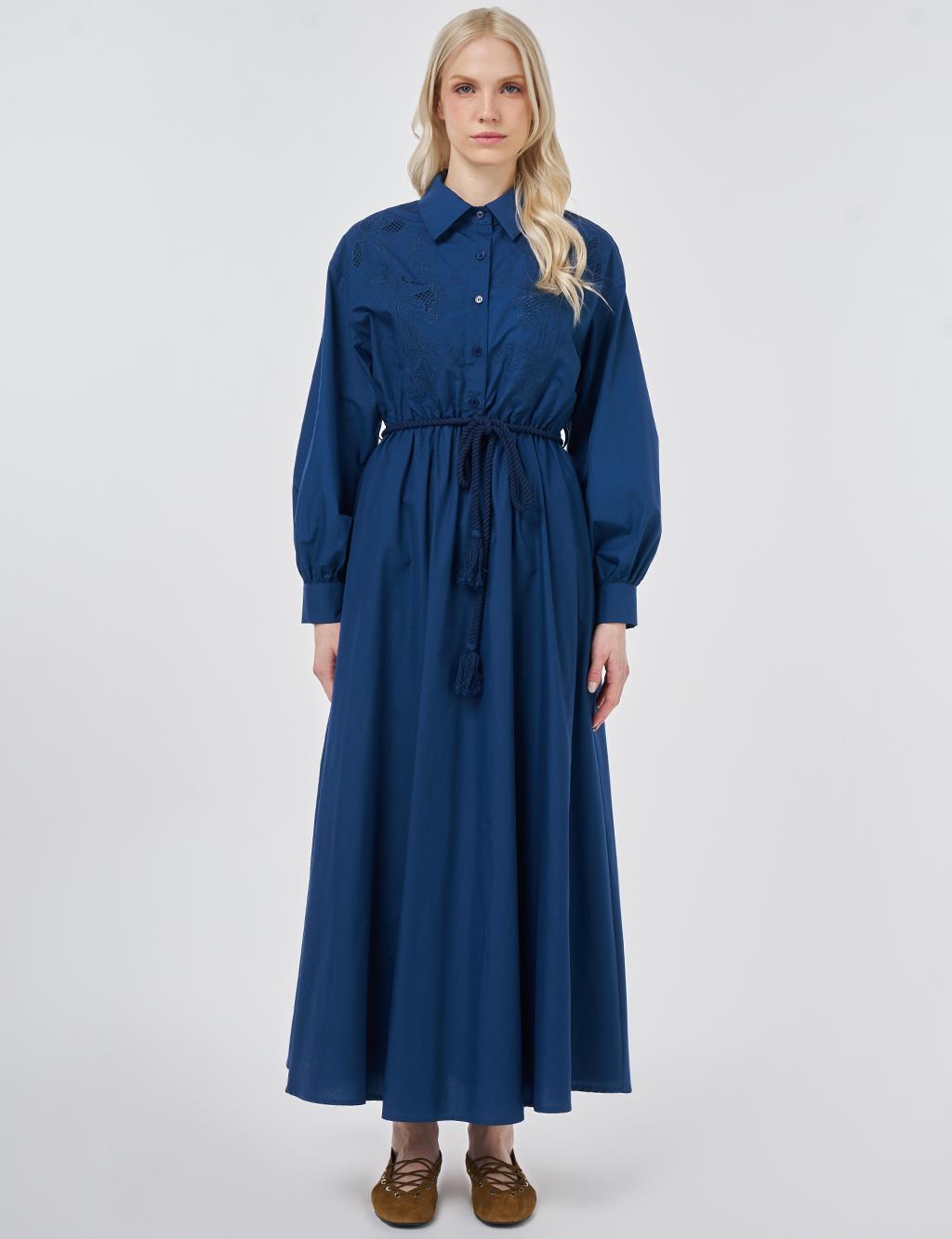 Embroidered Cotton Dress Navy Blue