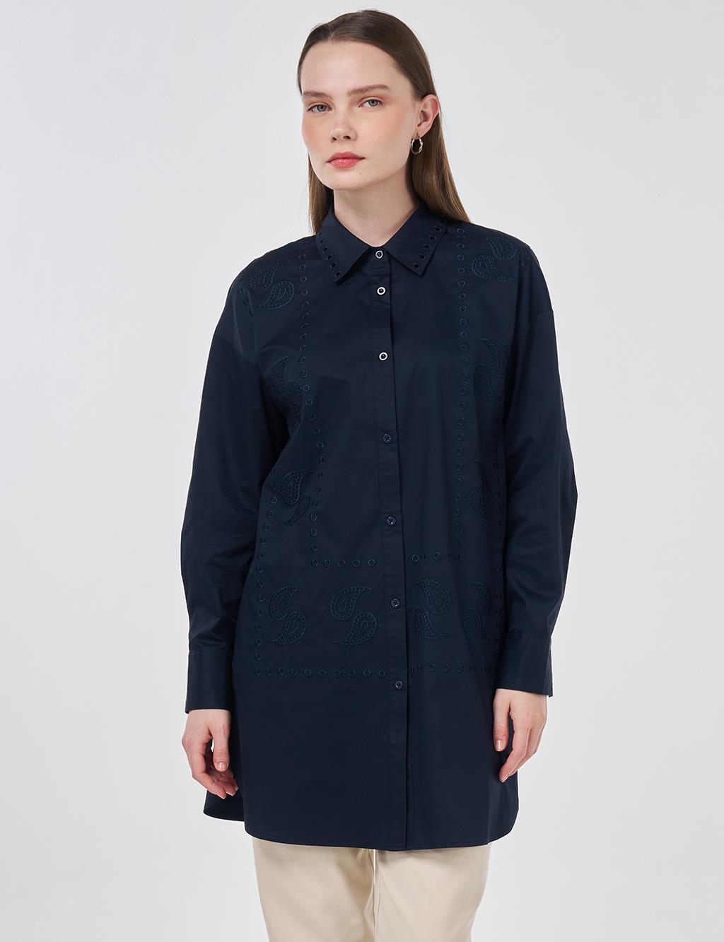 100% Cotton Shirt Collar Laser Cut Tunic Navy Blue