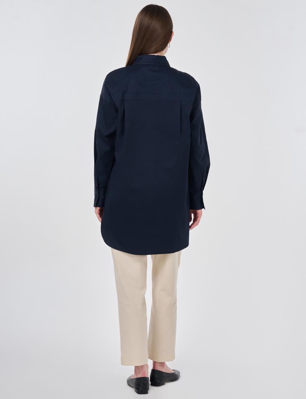 100% Cotton Shirt Collar Laser Cut Tunic Navy Blue