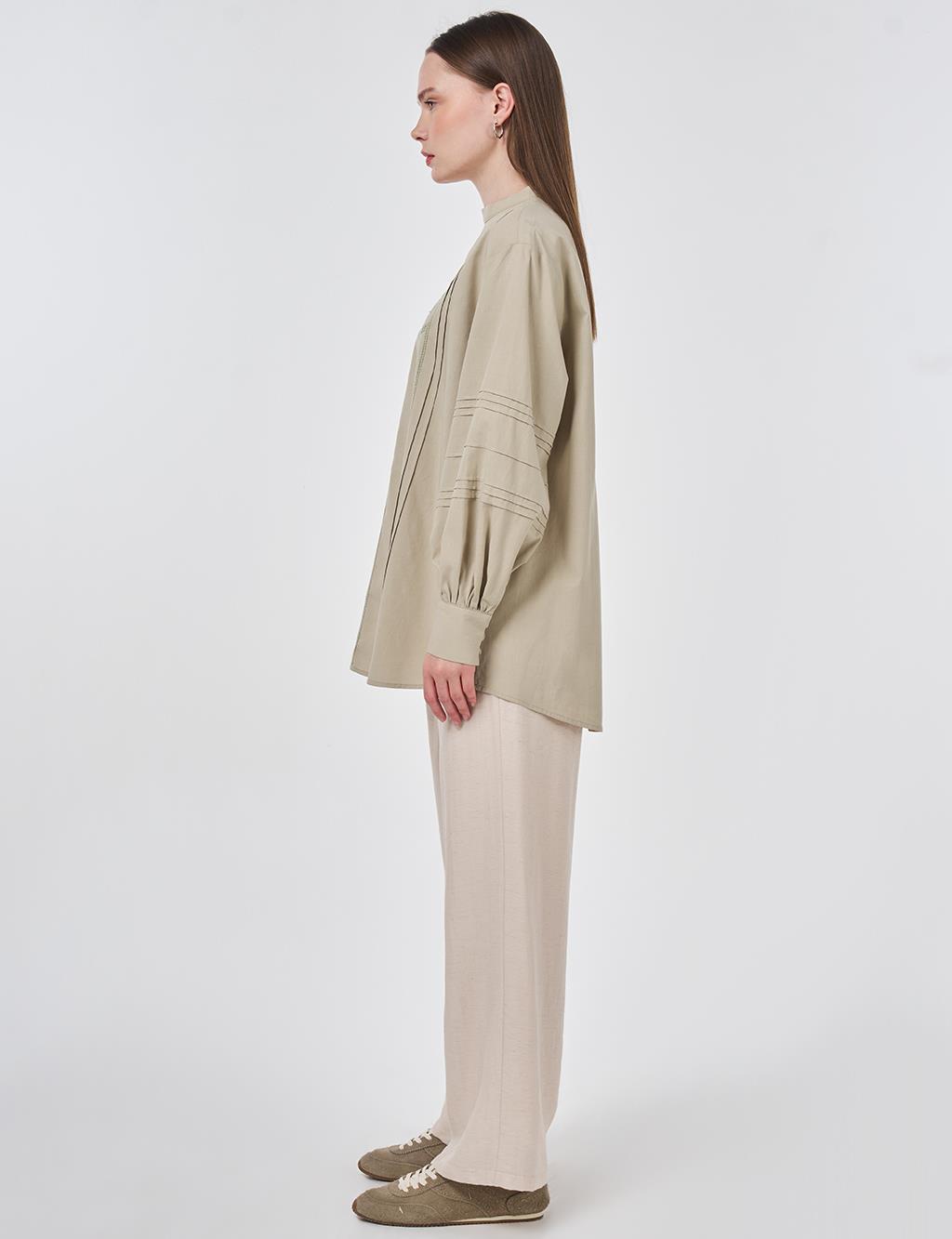 Ribbed Stitch Cotton Linen Blouse Moss Green