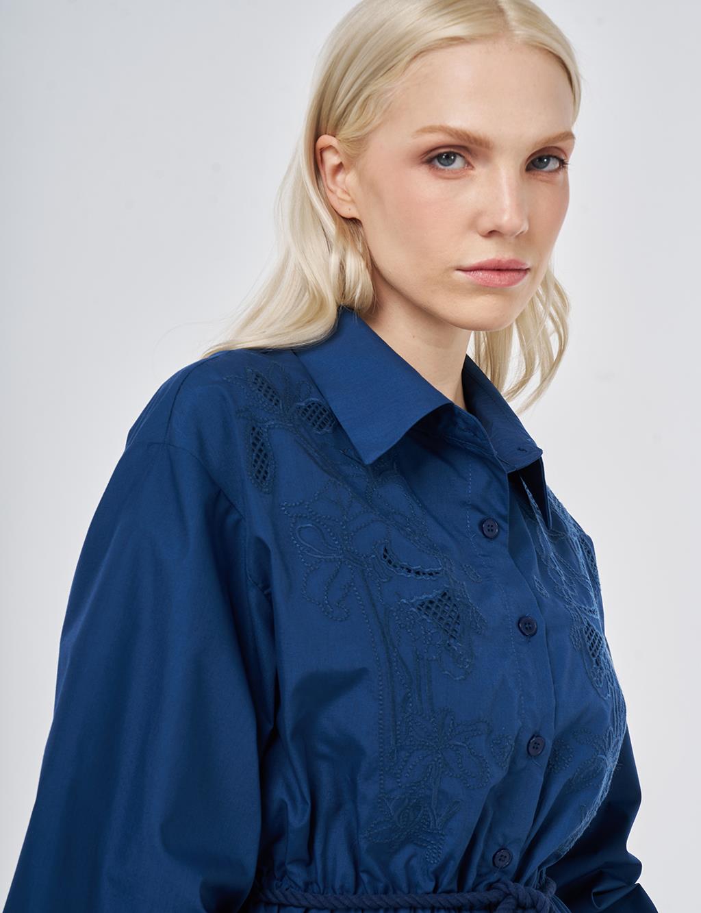 Embroidered Cotton Dress Navy Blue