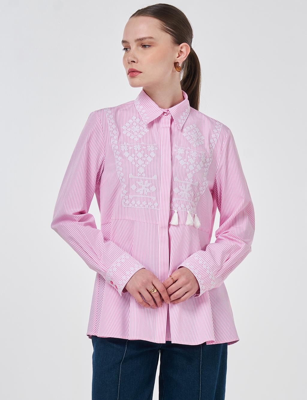 Ethnic Pattern Cotton Blouse Candy Pink