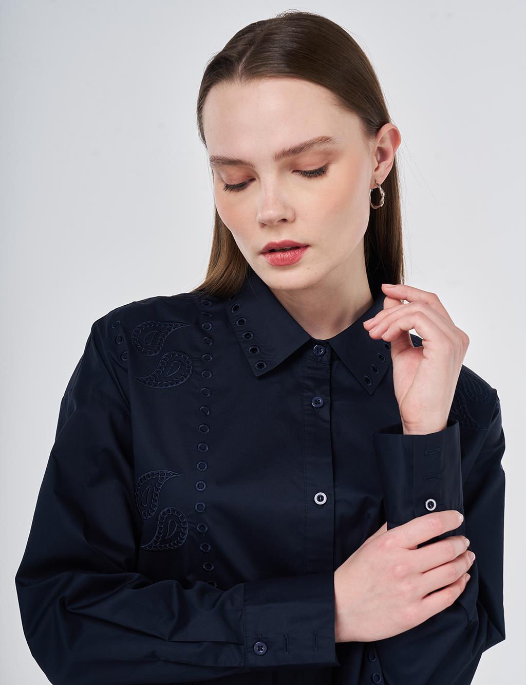 100% Cotton Shirt Collar Laser Cut Tunic Navy Blue