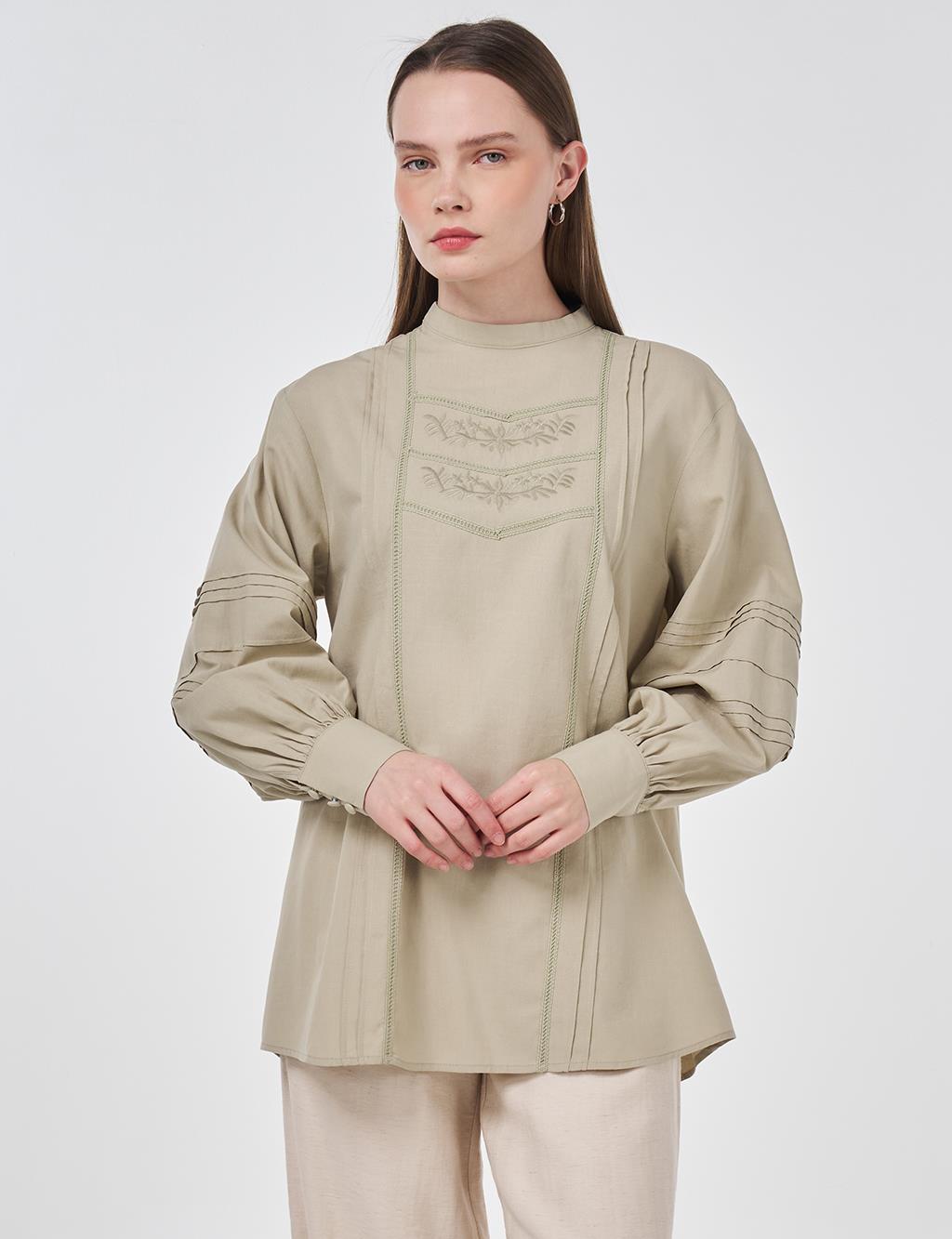 Ribbed Stitch Cotton Linen Blouse Moss Green