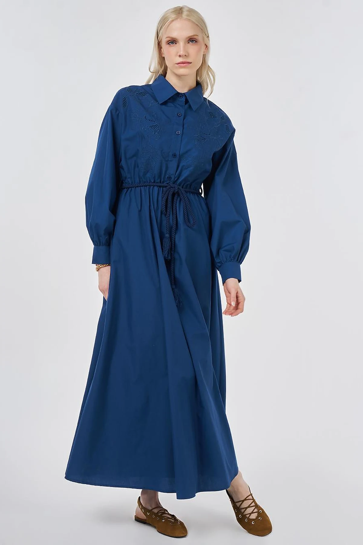 Embroidered Cotton Dress Navy Blue