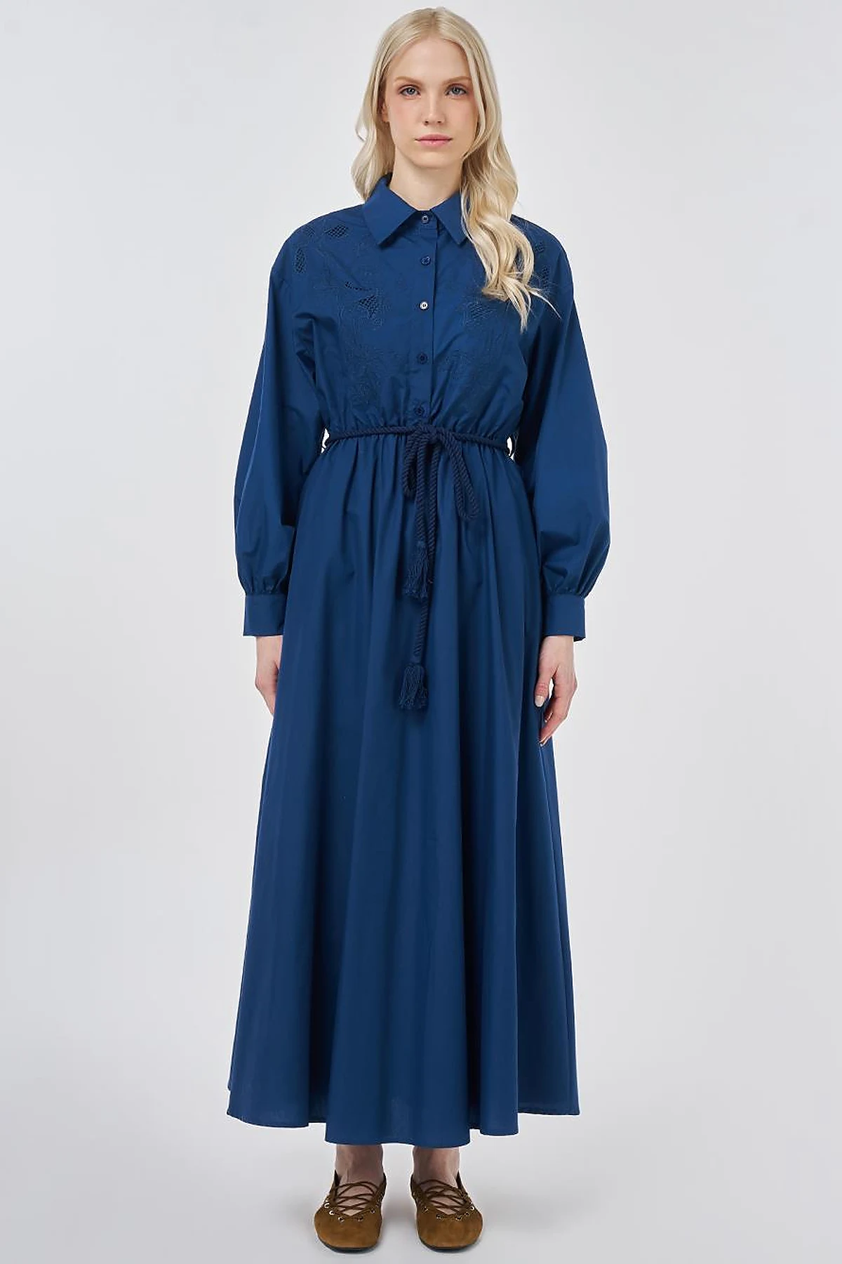 Embroidered Cotton Dress Navy Blue