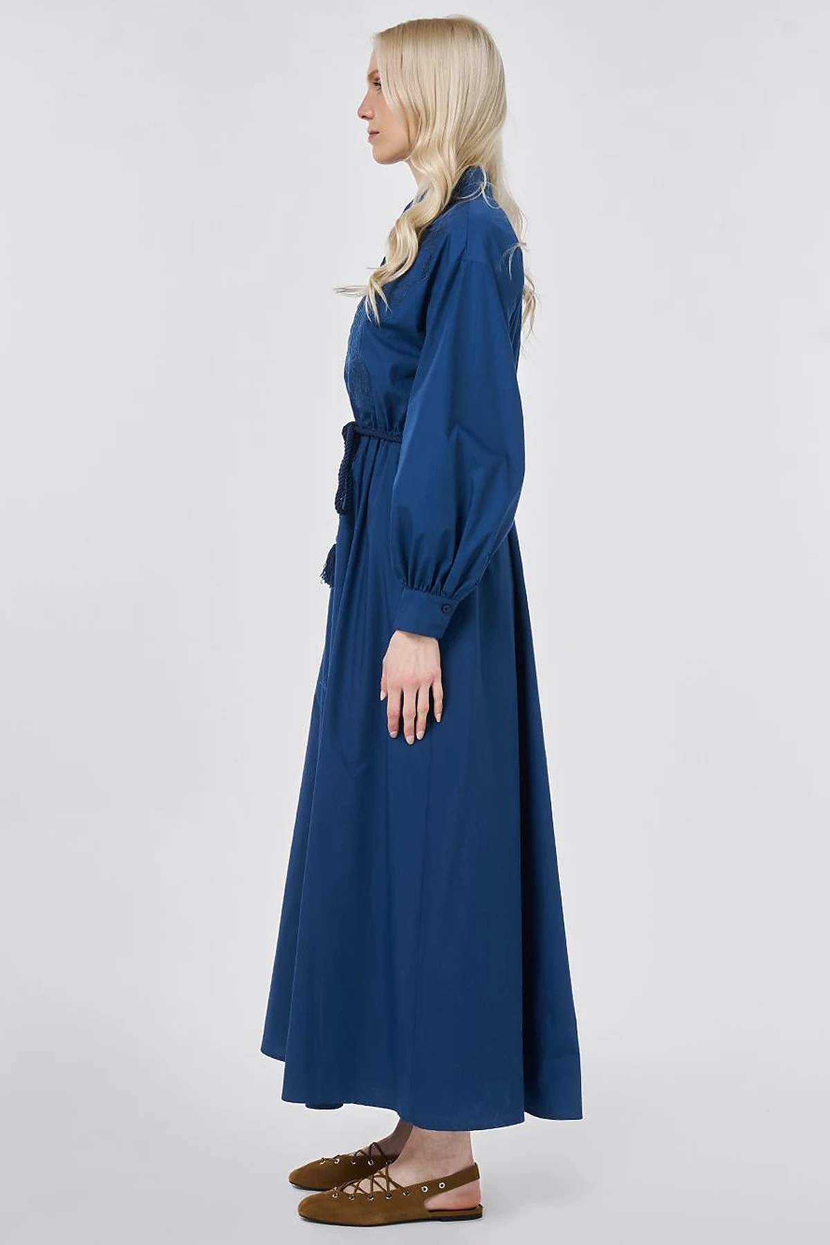 Embroidered Cotton Dress Navy Blue