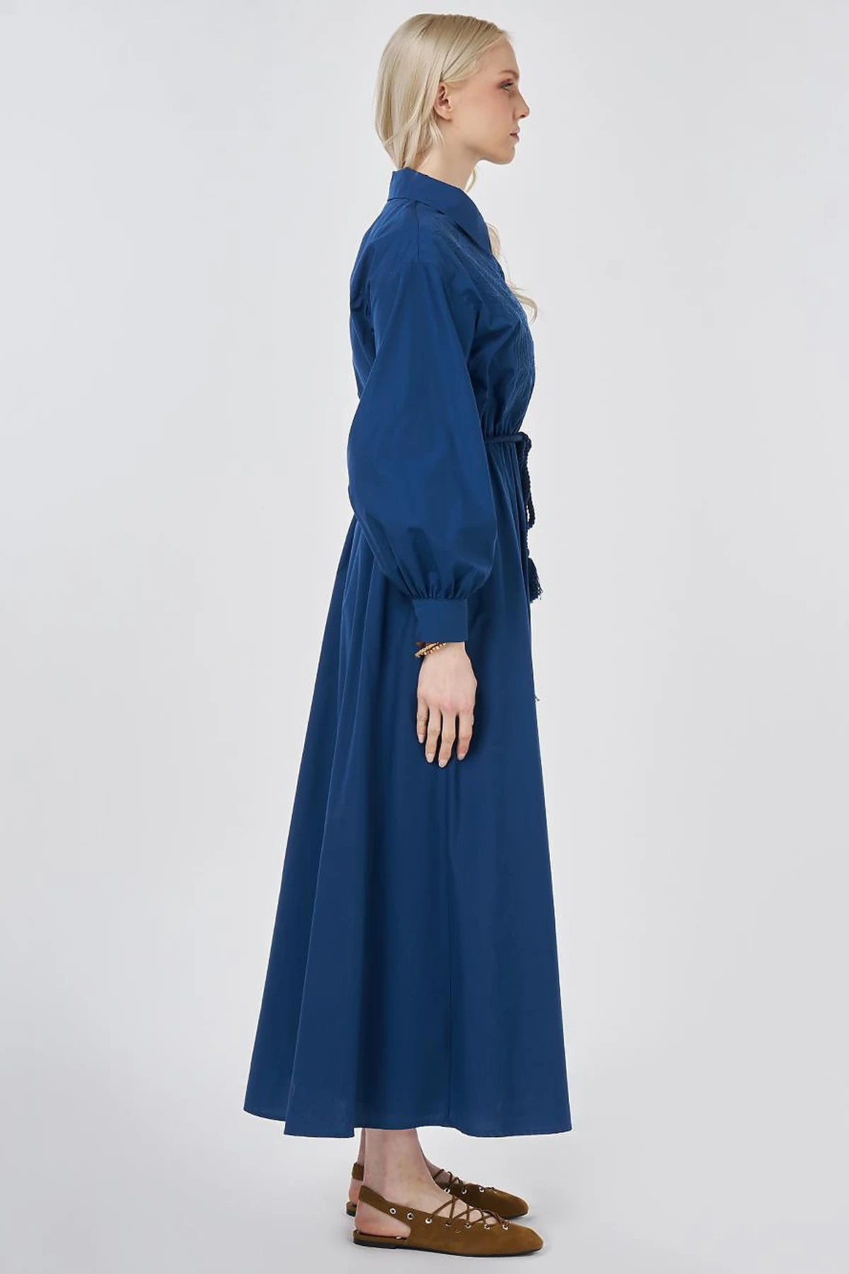 Embroidered Cotton Dress Navy Blue