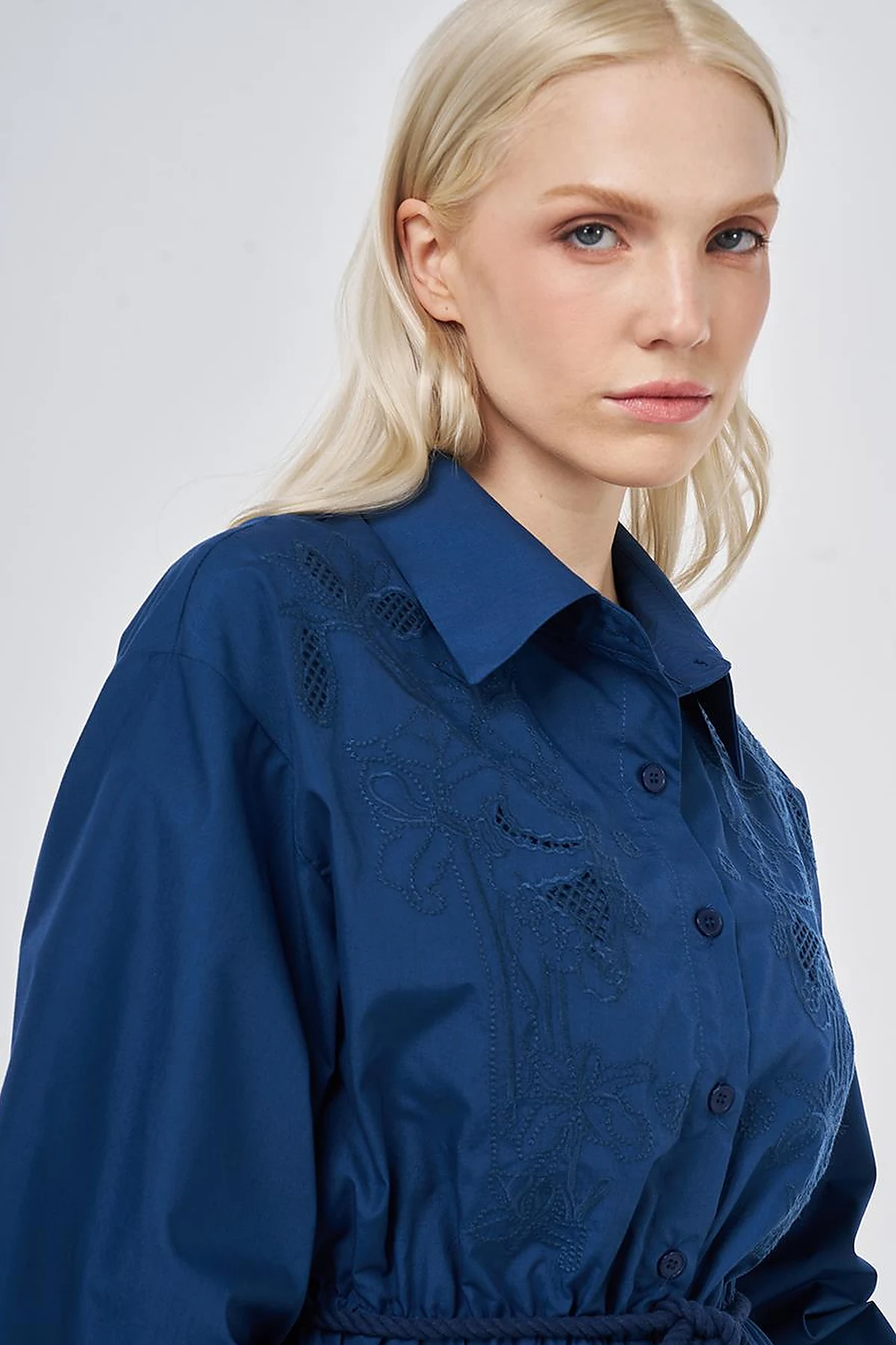 Embroidered Cotton Dress Navy Blue