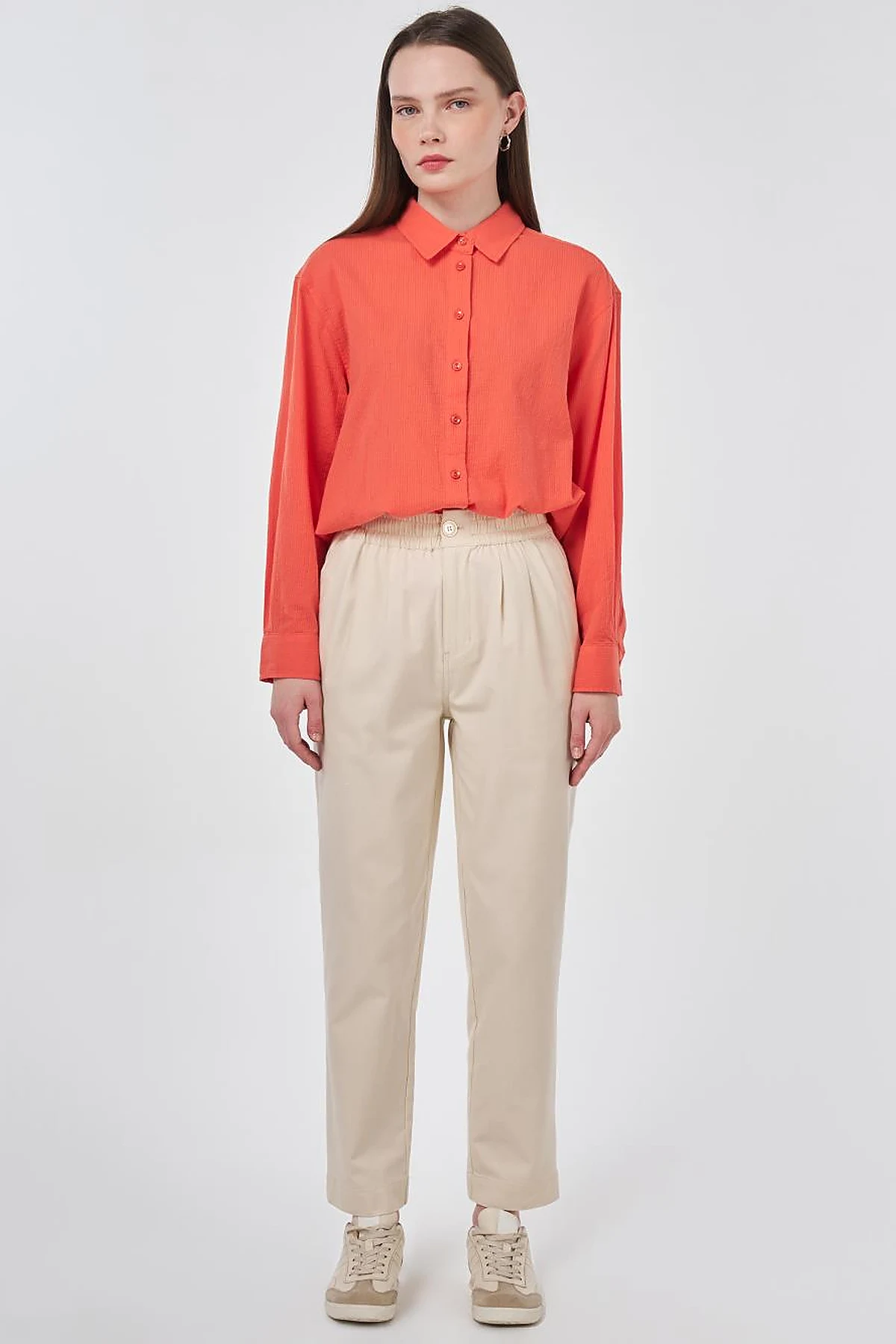 Pileli Rayon Pantolon Ekru