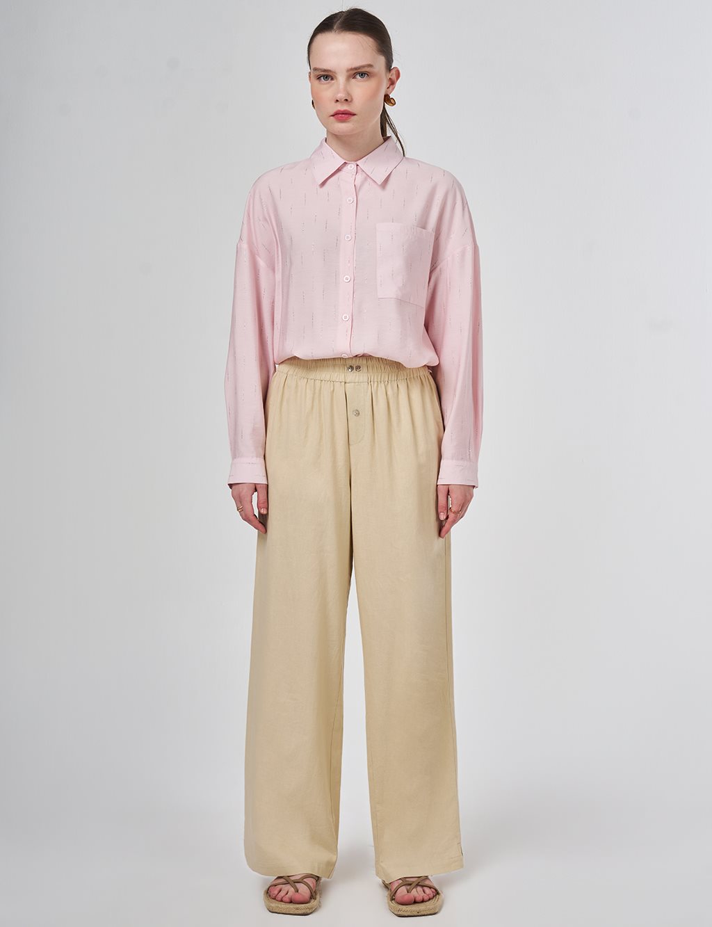 Elastik Bel Keten Pantolon Vizon