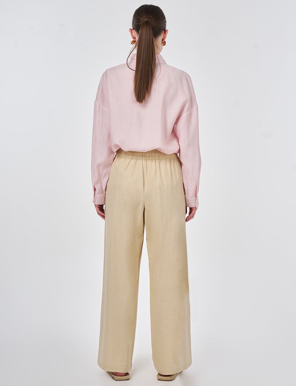 Elastik Bel Keten Pantolon Vizon