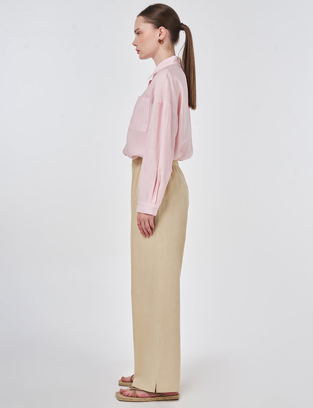 Elastik Bel Keten Pantolon Vizon