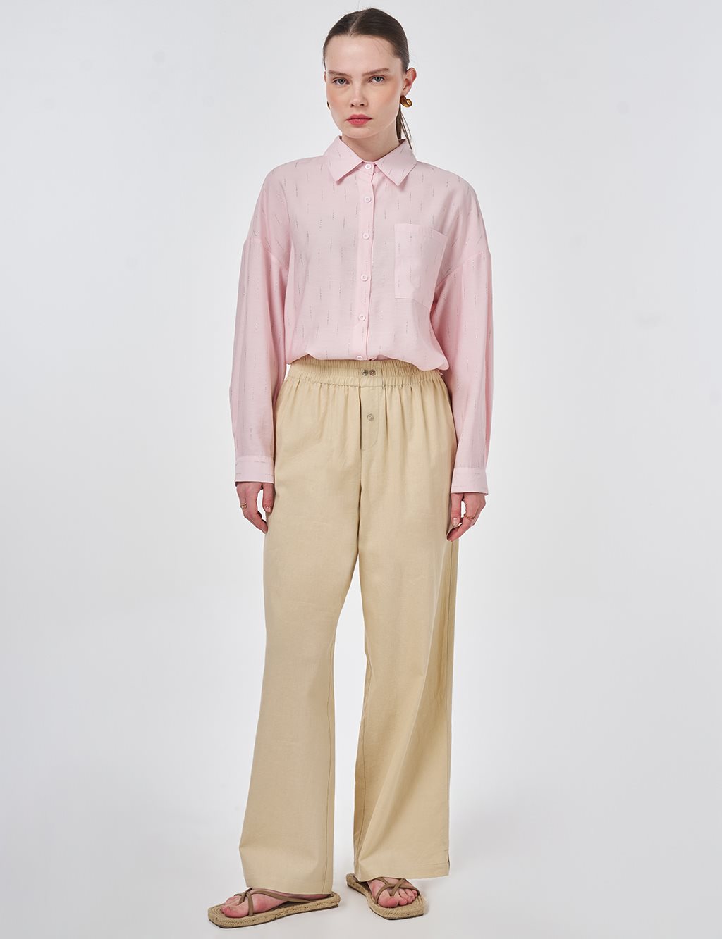 Elastik Bel Keten Pantolon Vizon