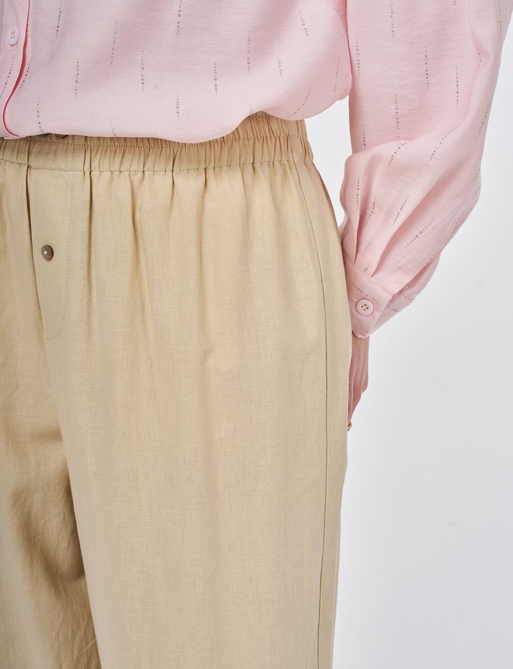 Elastik Bel Keten Pantolon Vizon