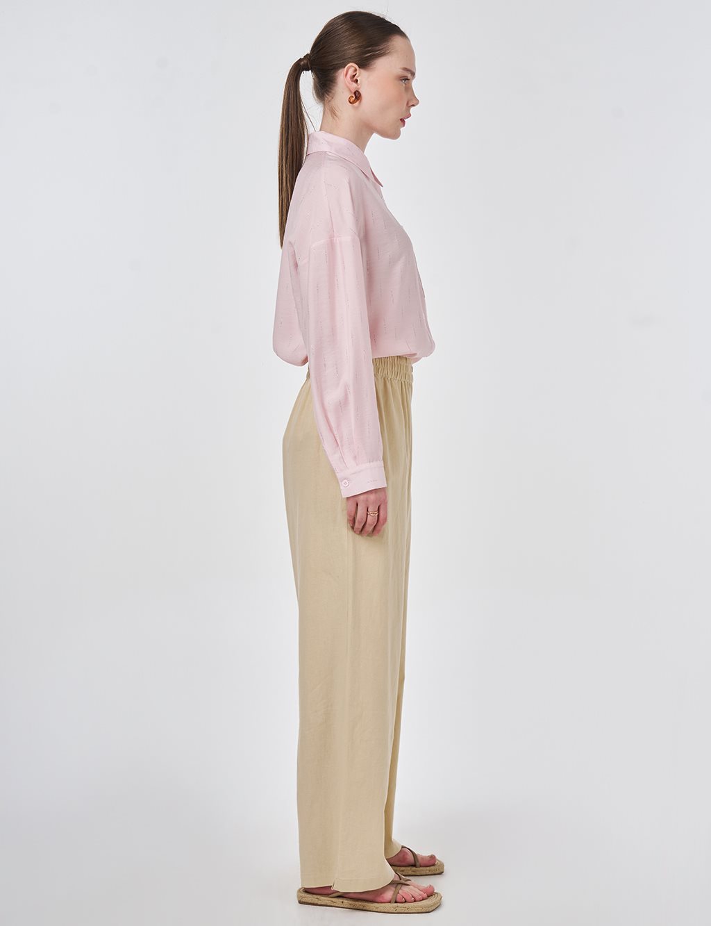 Elastik Bel Keten Pantolon Vizon