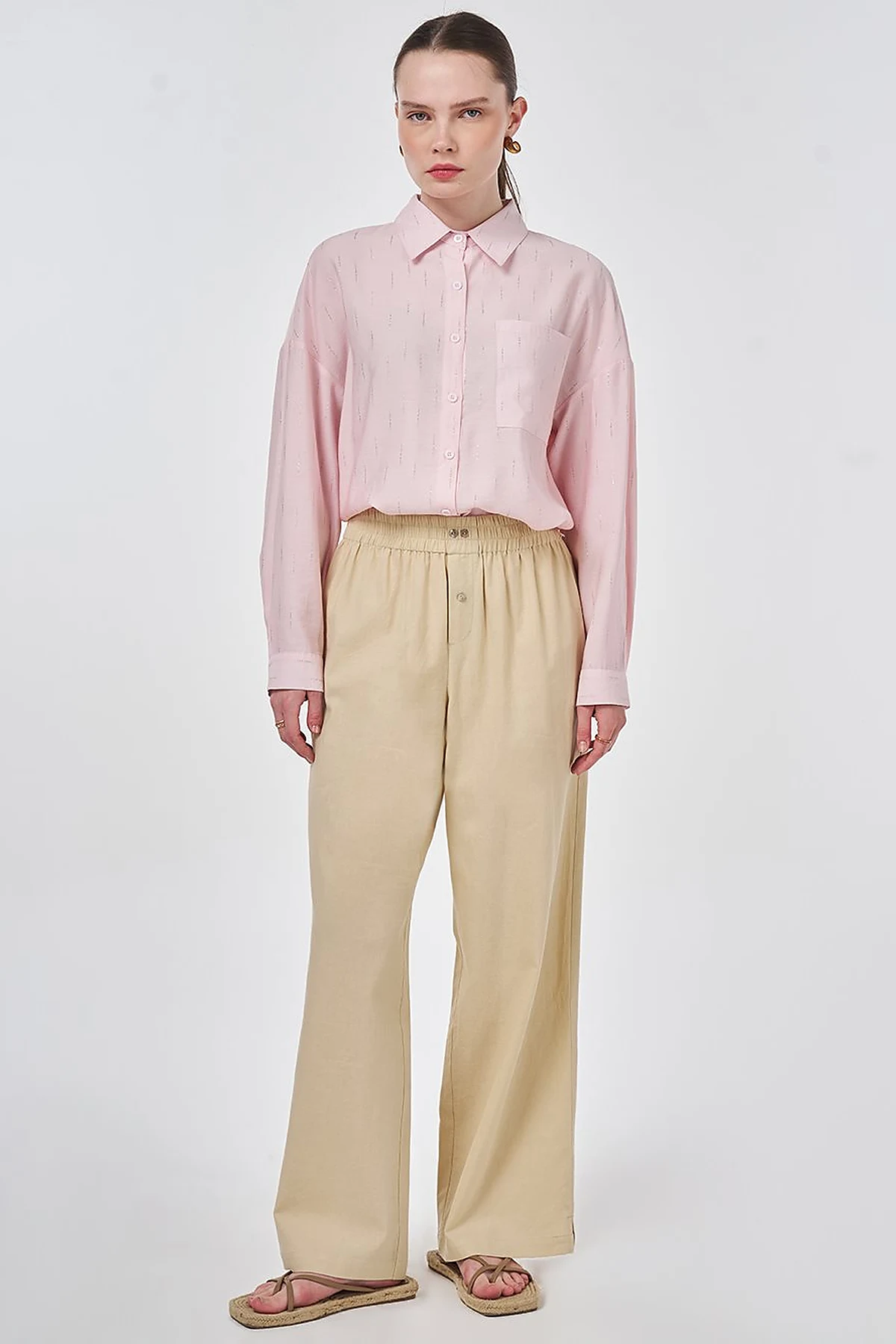 Elastic Waist Linen Trousers Mink
