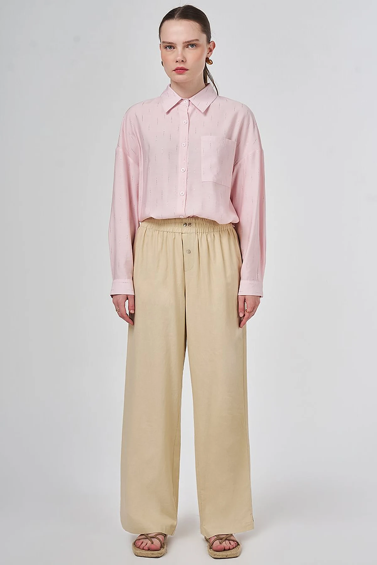 Elastic Waist Linen Trousers Mink