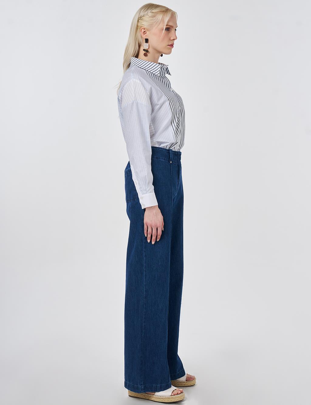 Washed Denim Trousers with Seam Stitching Navy