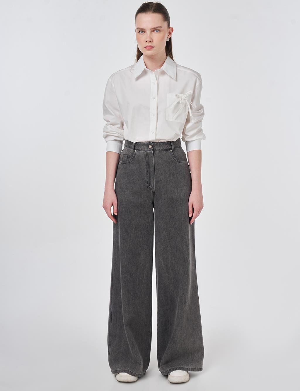 Yıkamalı Wide Leg Denim Pantolon Antrasit