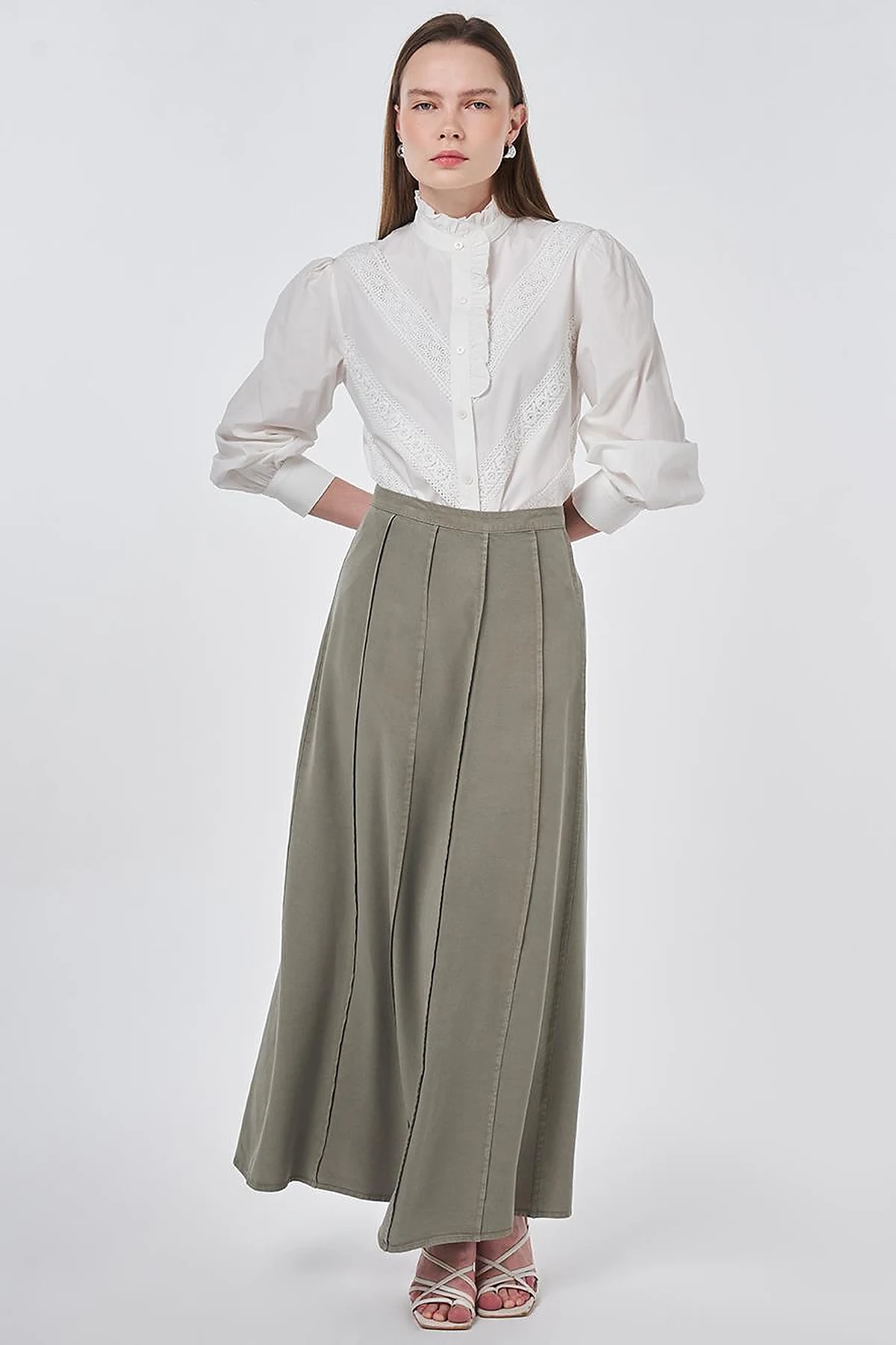 100% Lyocell Piece Stitched Skirt Khaki