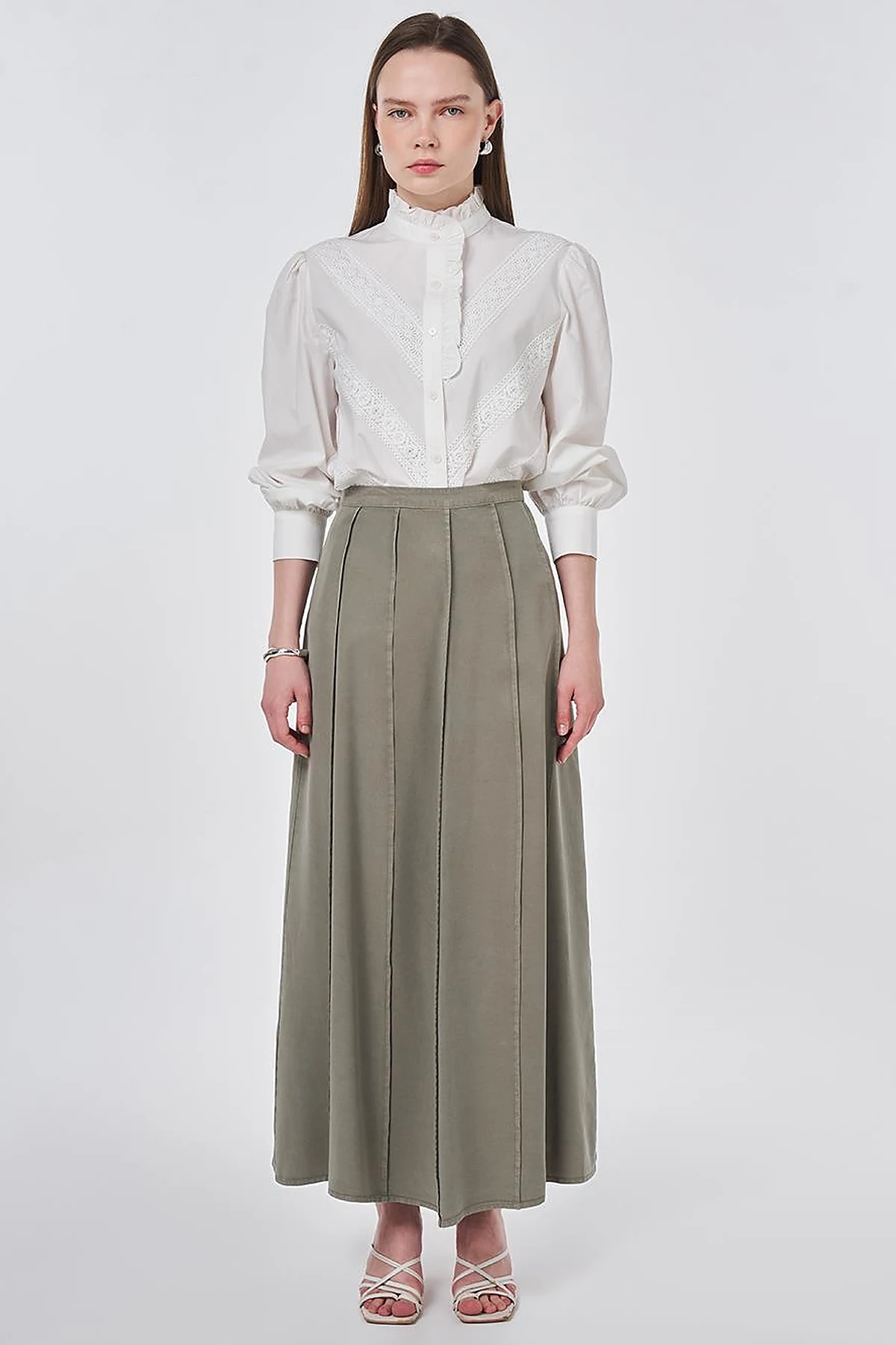 100% Lyocell Piece Stitched Skirt Khaki
