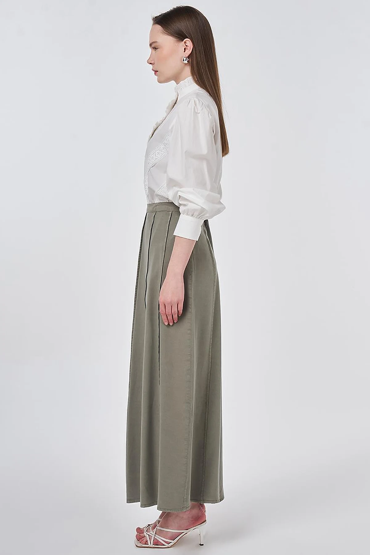 100% Lyocell Piece Stitched Skirt Khaki