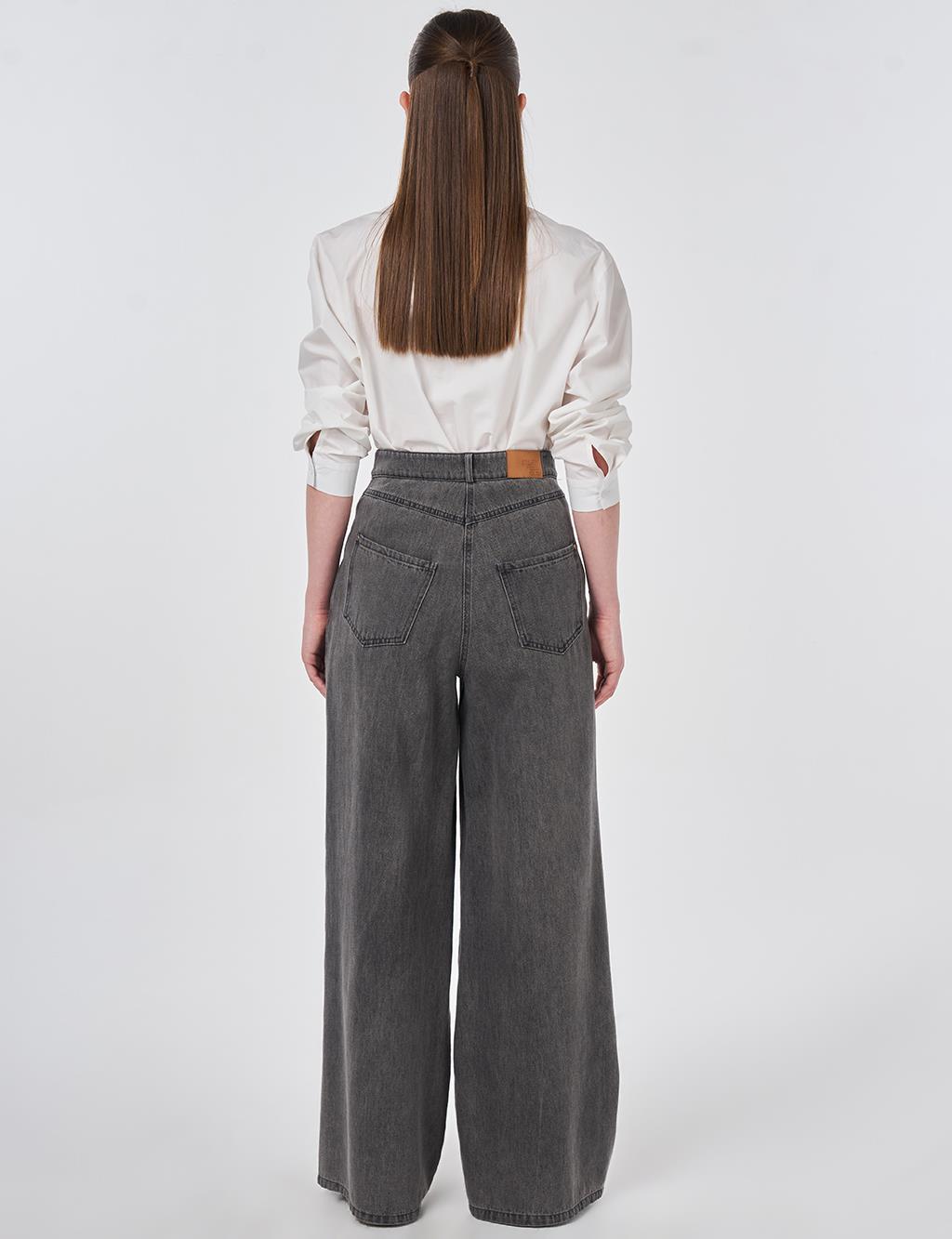 Yıkamalı Wide Leg Denim Pantolon Antrasit