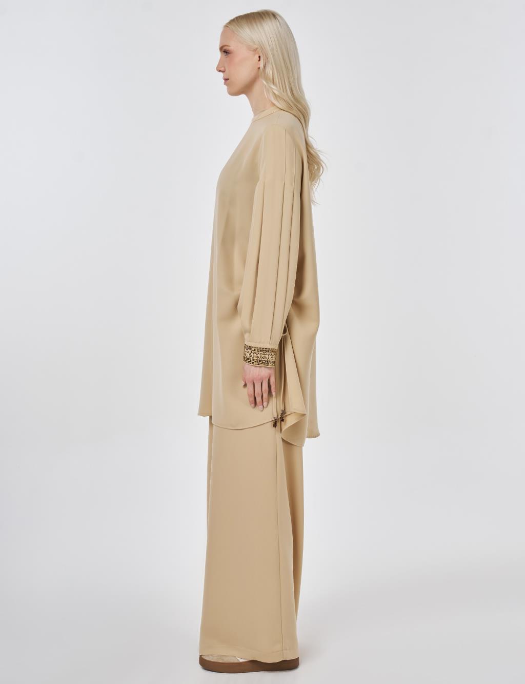 Elegant Two-Piece Set with Ribbed Stitching Beige