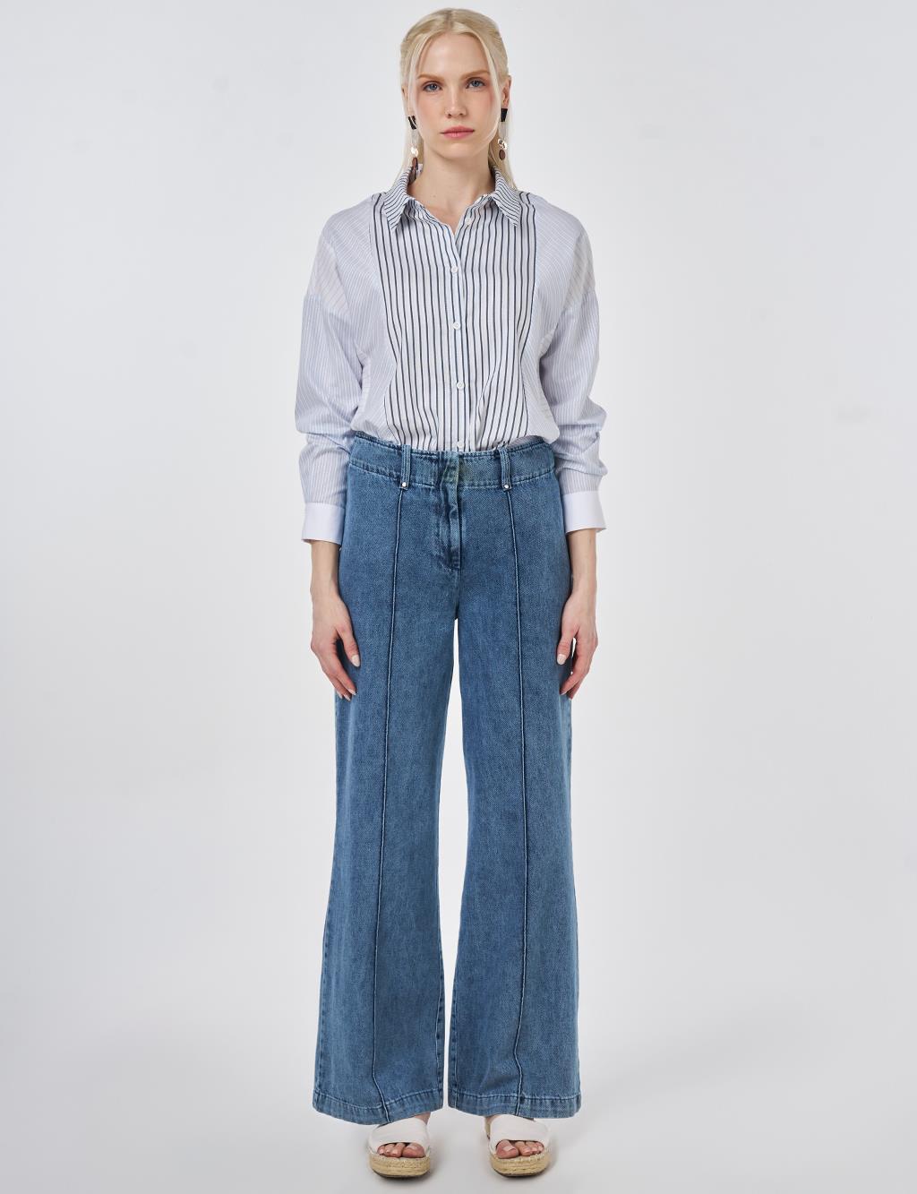 Washed Denim Trousers with Seam Stitching Light Blue