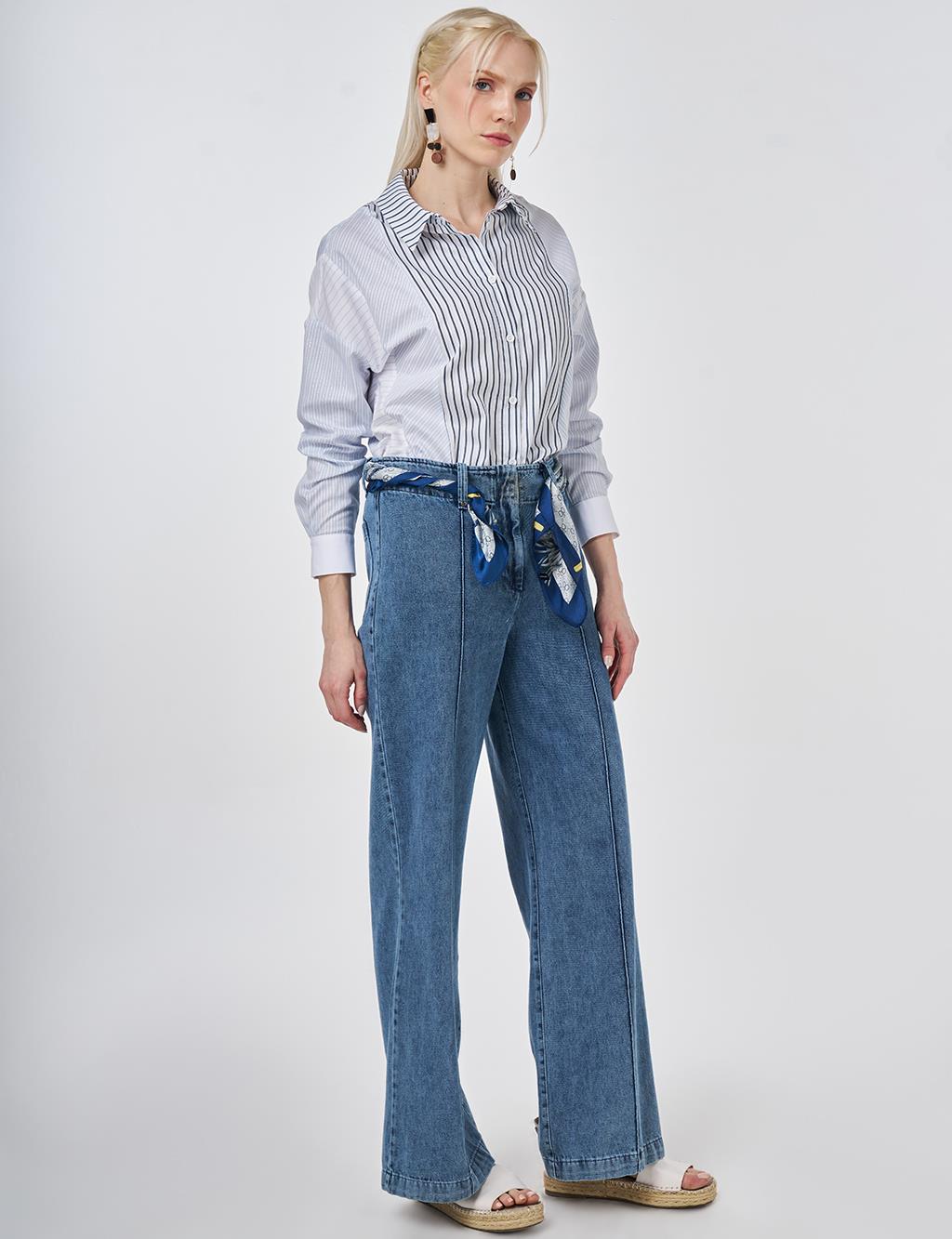 Washed Denim Trousers with Seam Stitching Light Blue