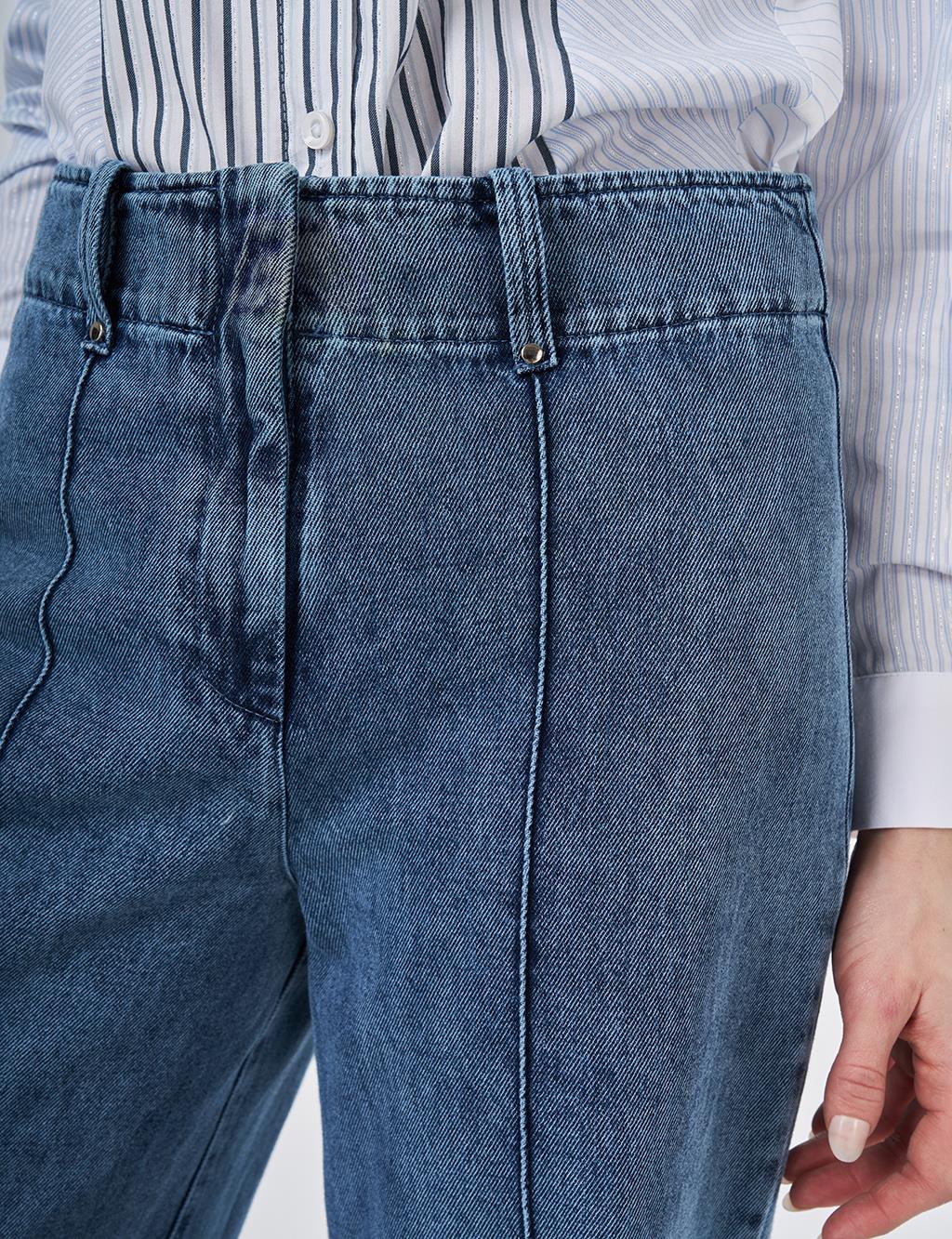 Washed Denim Trousers with Seam Stitching Light Blue