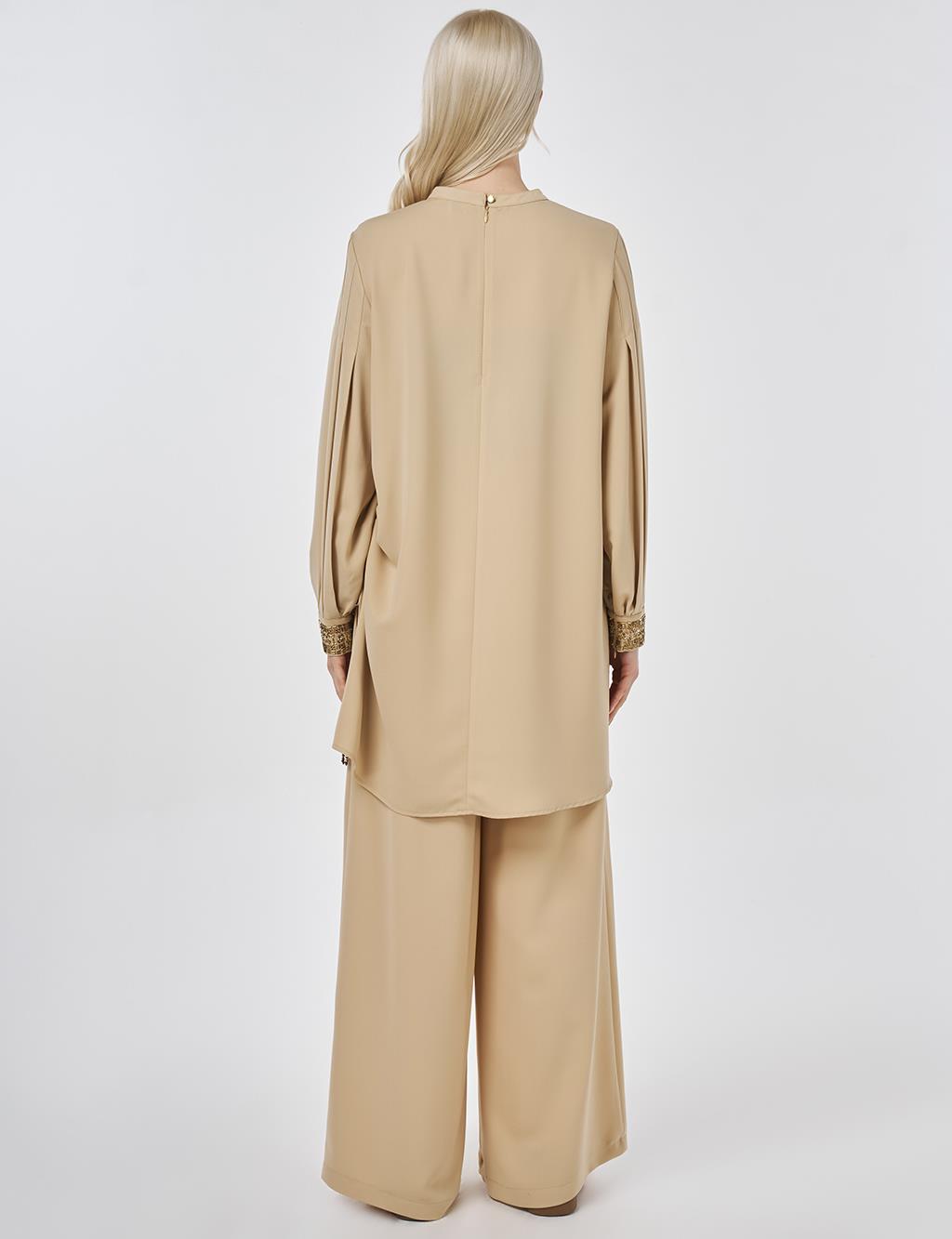 Elegant Two-Piece Set with Ribbed Stitching Beige