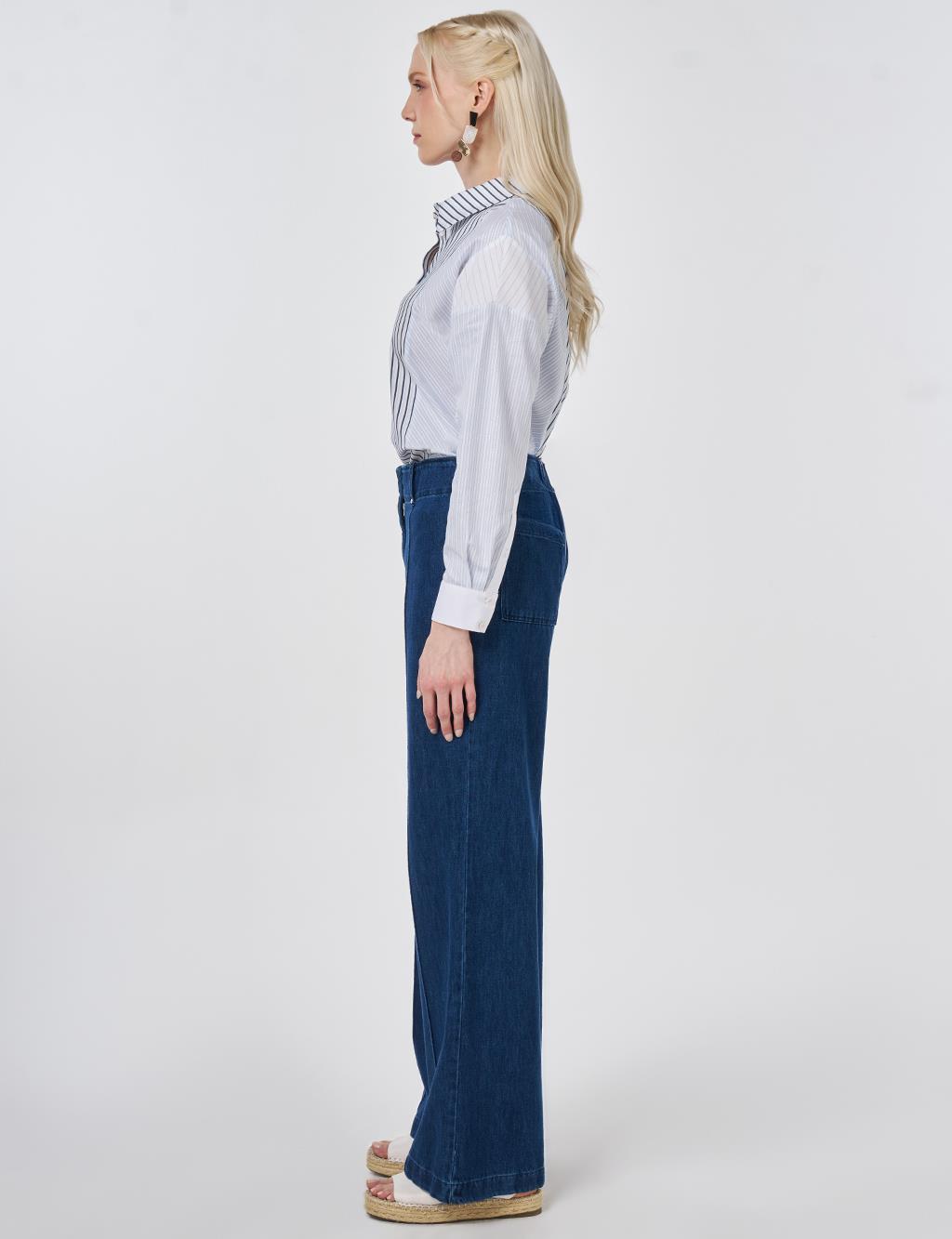 Washed Denim Trousers with Seam Stitching Navy