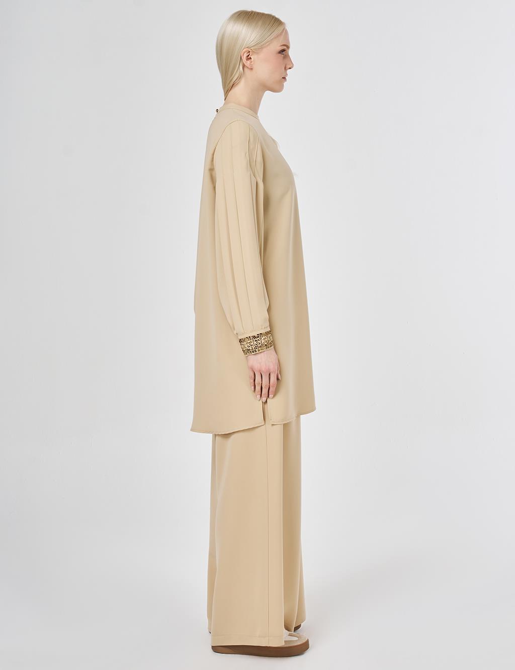 Elegant Two-Piece Set with Ribbed Stitching Beige