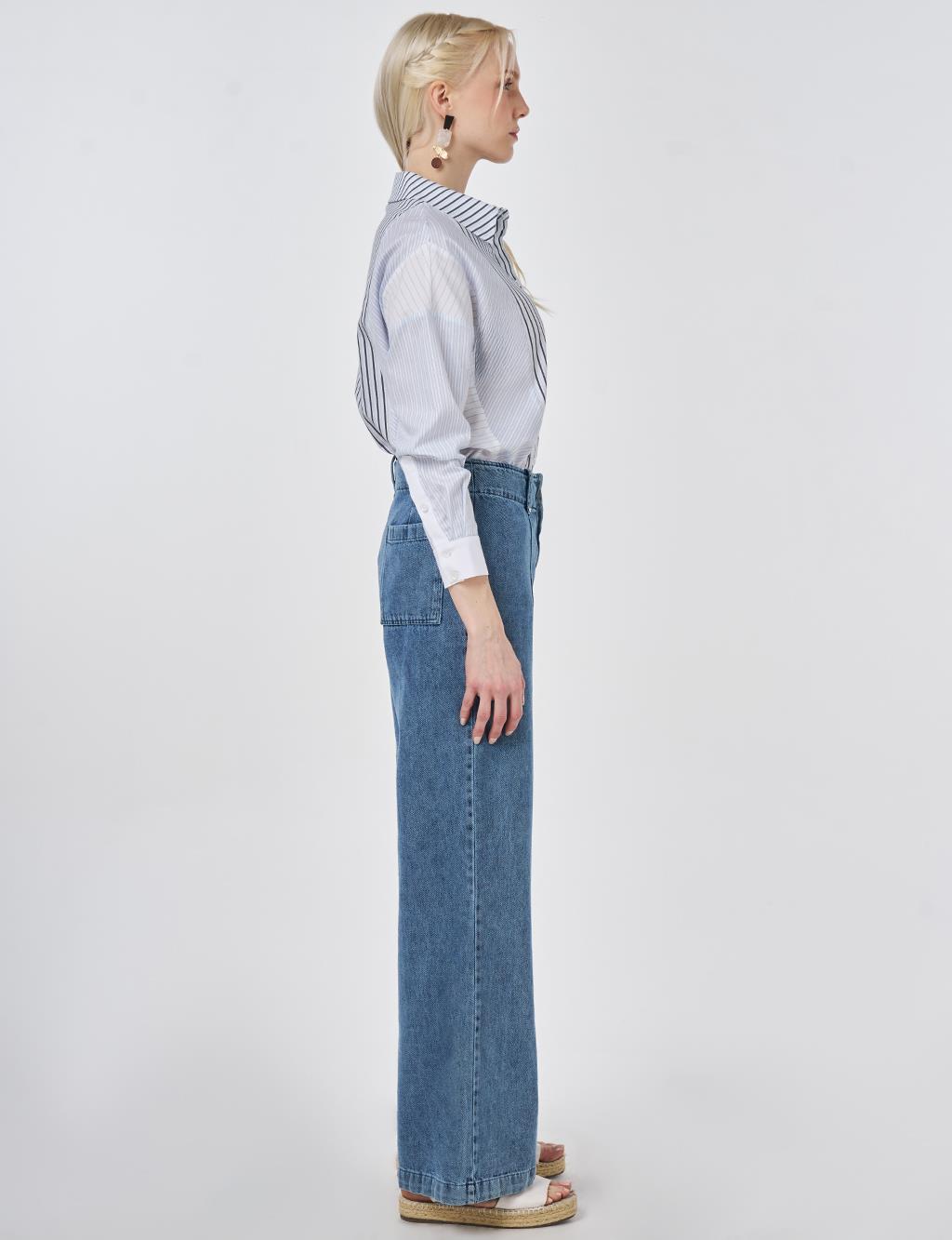 Washed Denim Trousers with Seam Stitching Light Blue