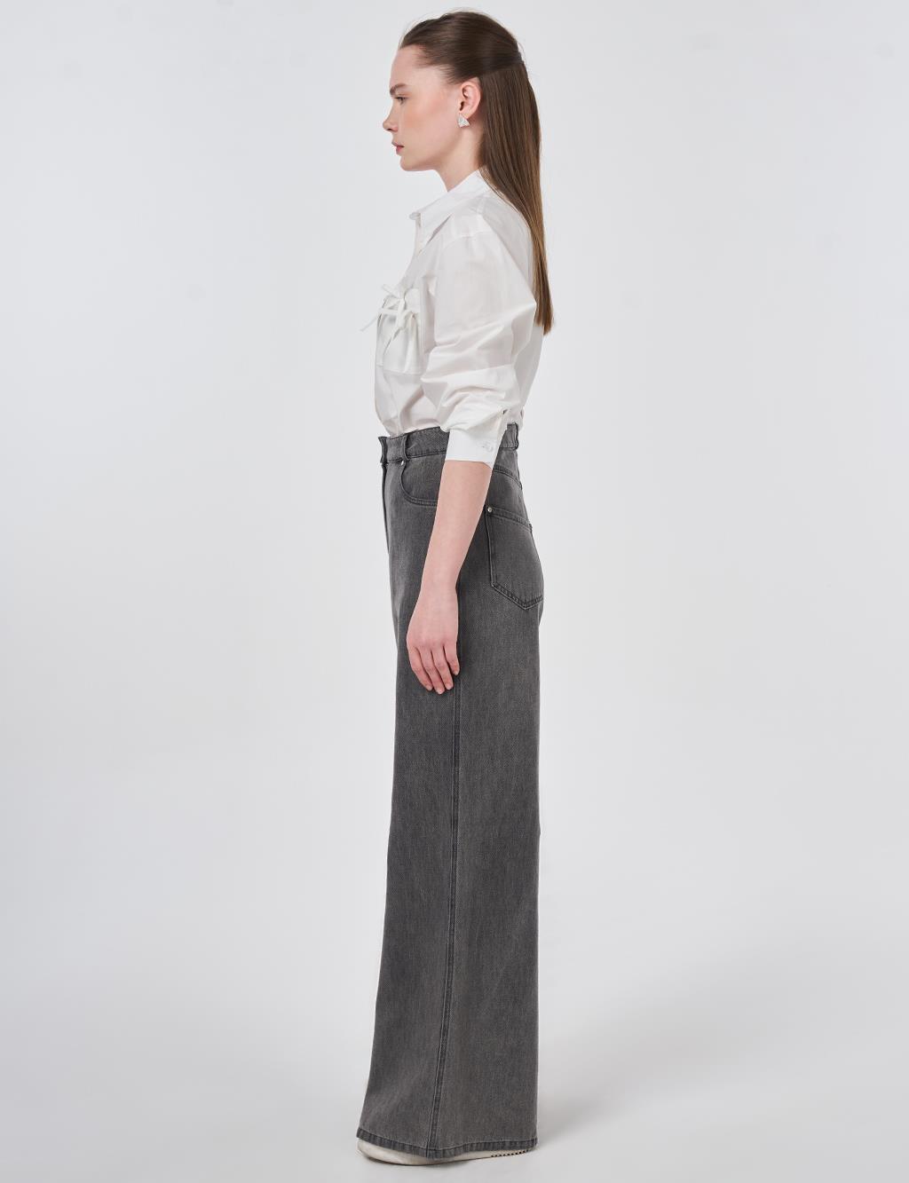 Yıkamalı Wide Leg Denim Pantolon Antrasit