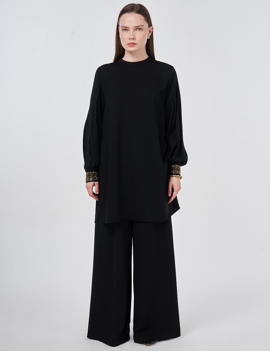 Elegant Two-Piece Set with Ribbed Stitching Black