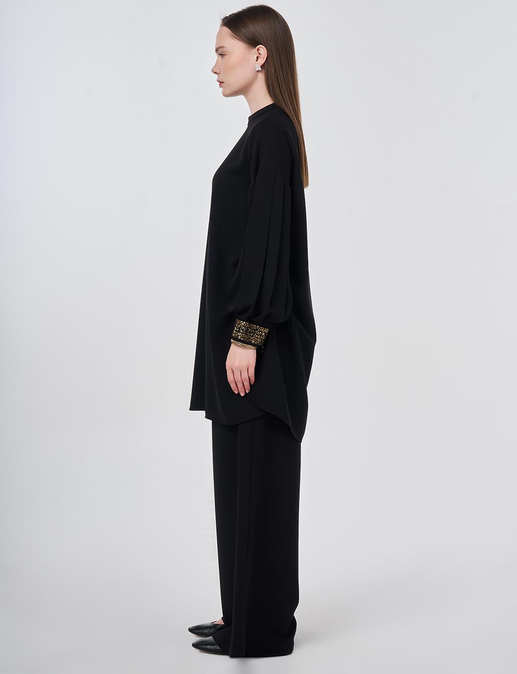 Elegant Two-Piece Set with Ribbed Stitching Black