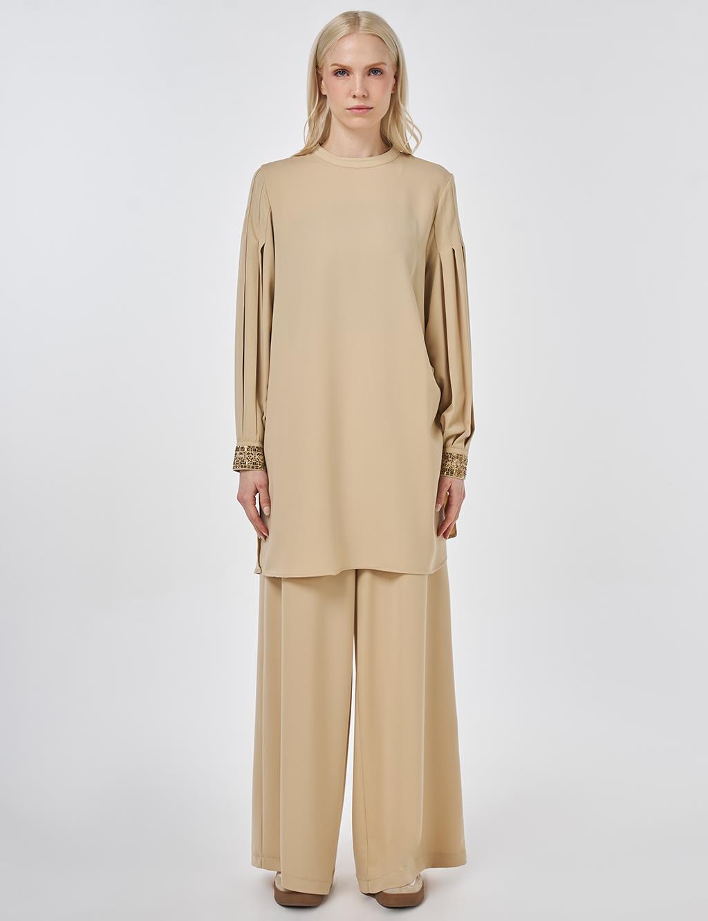 Elegant Two-Piece Set with Ribbed Stitching Beige