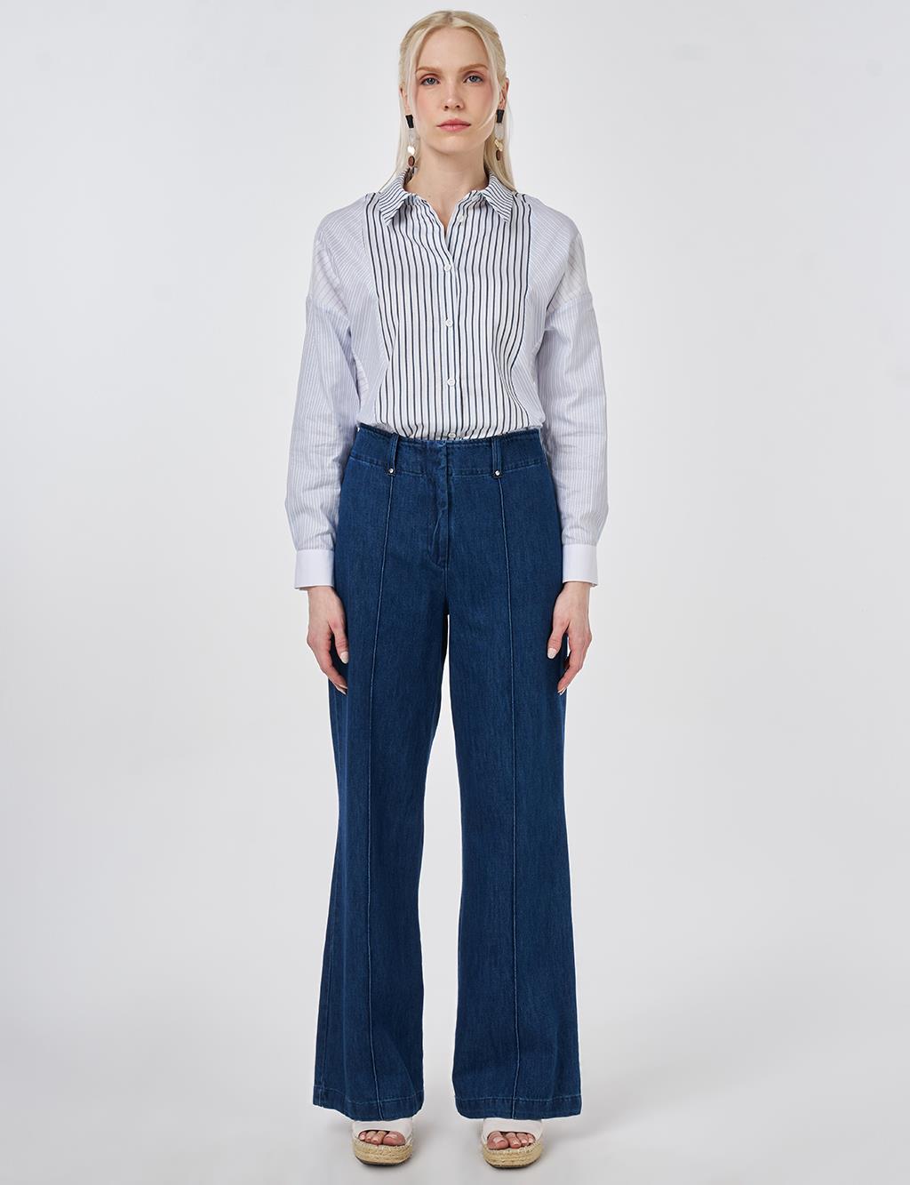 Washed Denim Trousers with Seam Stitching Navy