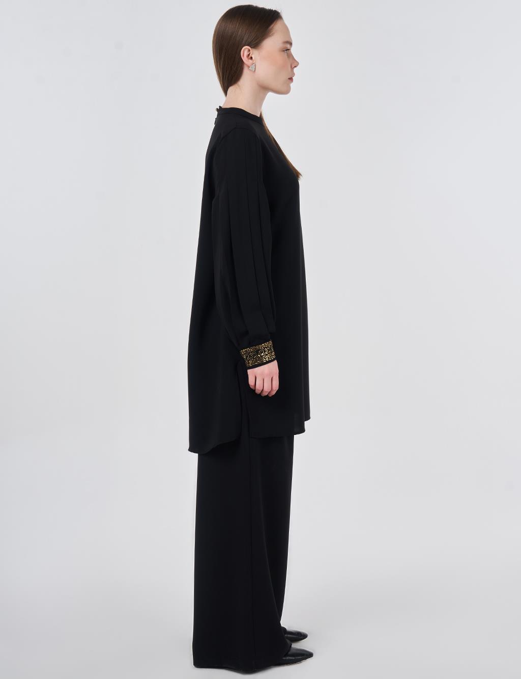 Elegant Two-Piece Set with Ribbed Stitching Black