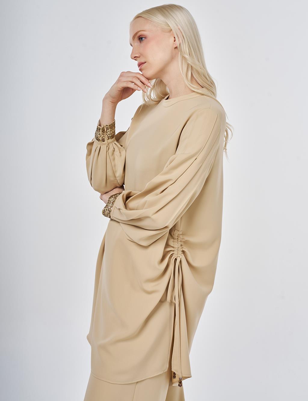 Elegant Two-Piece Set with Ribbed Stitching Beige