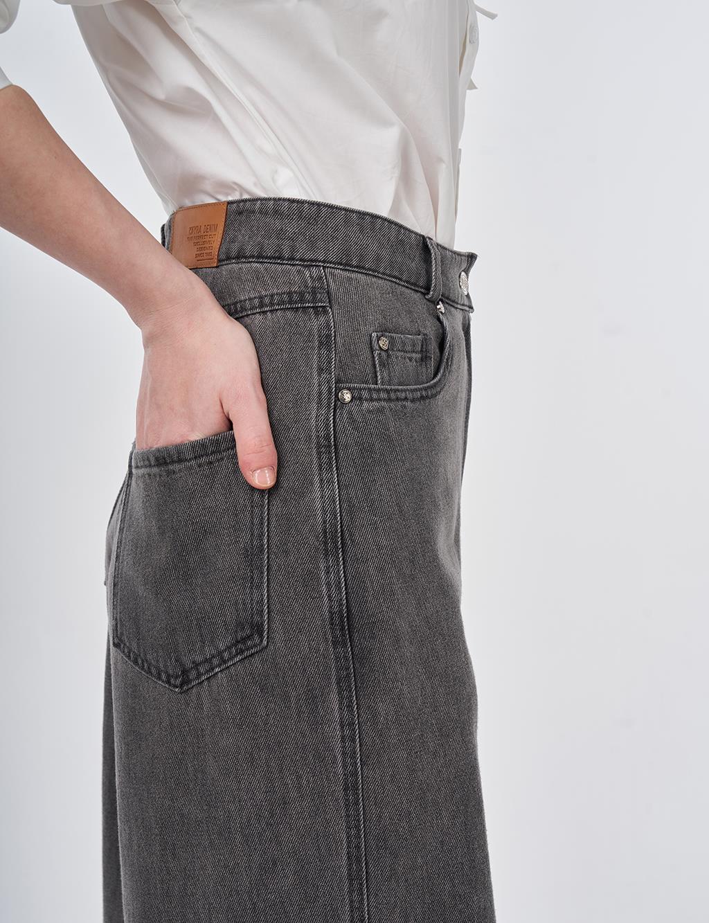 Yıkamalı Wide Leg Denim Pantolon Antrasit