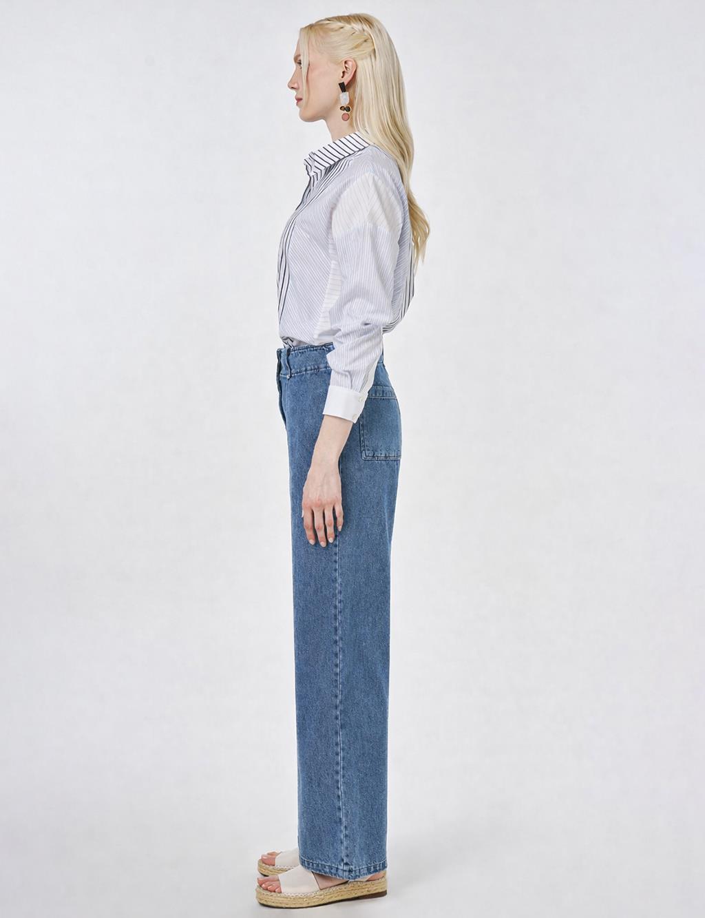 Washed Denim Trousers with Seam Stitching Light Blue