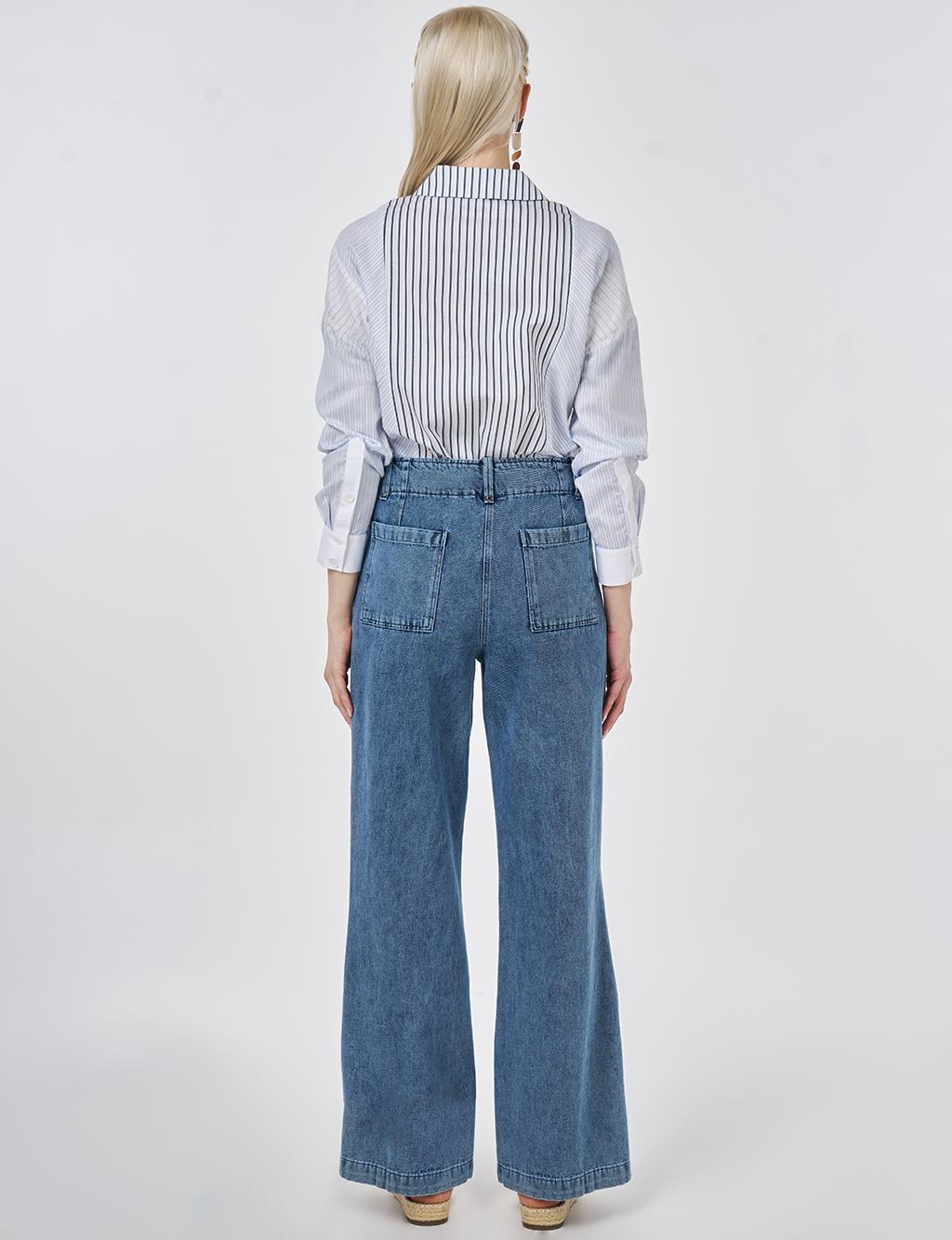 Washed Denim Trousers with Seam Stitching Light Blue