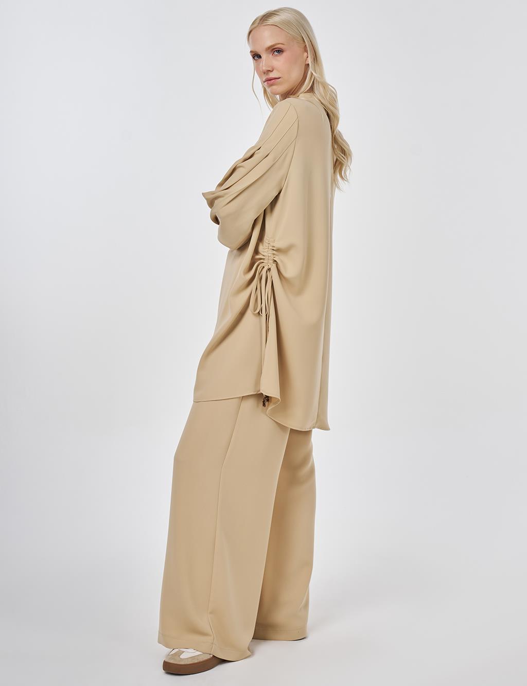 Elegant Two-Piece Set with Ribbed Stitching Beige